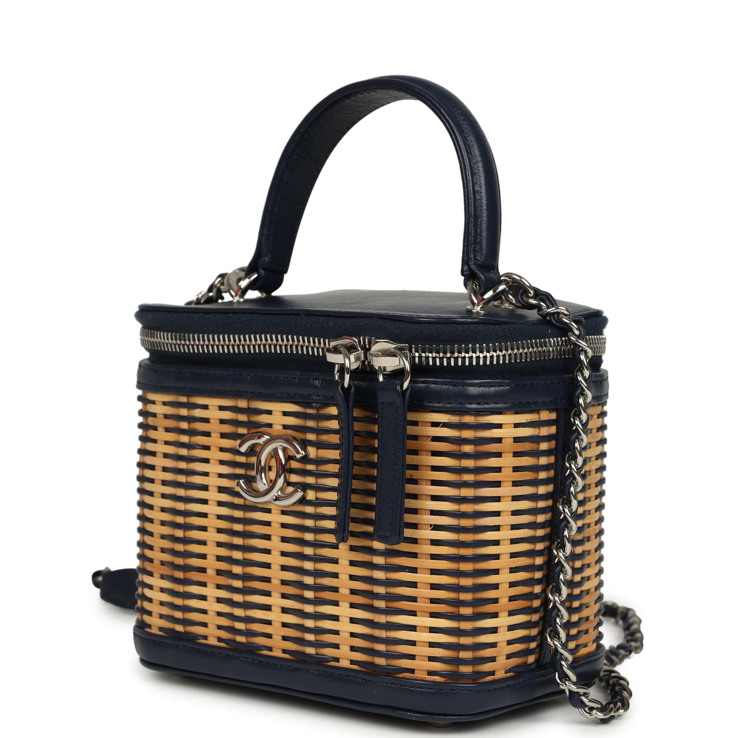 Chanel Small Top Handle Vanity Case Beige Raffia and Navy Calfskin Silver Hardware