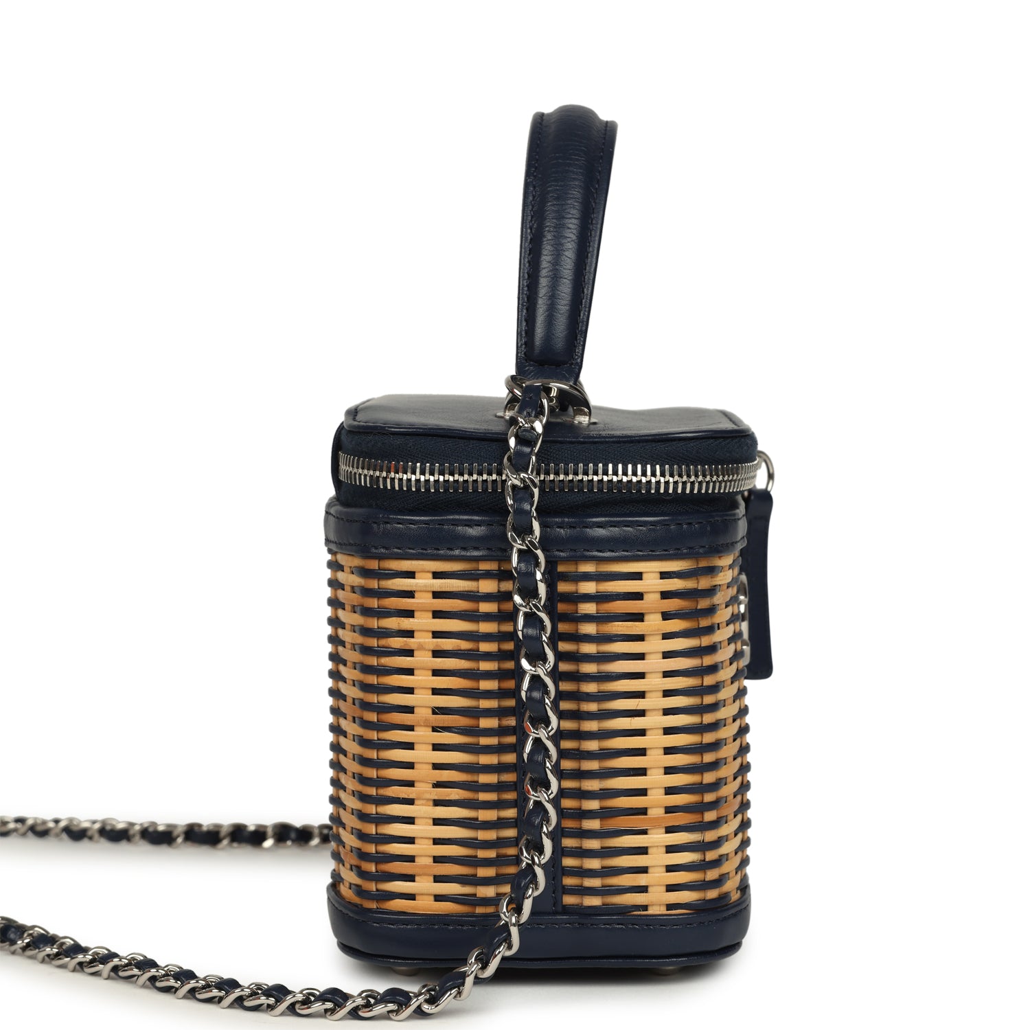 Chanel Small Top Handle Vanity Case Beige Raffia and Navy Calfskin Silver Hardware