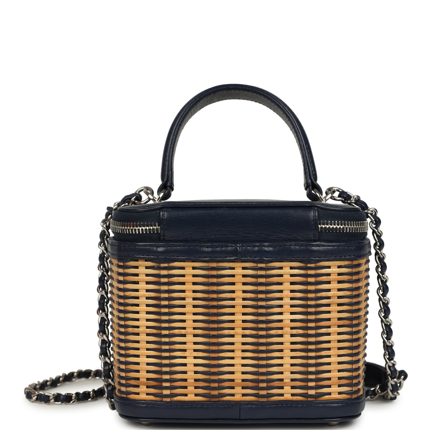 Chanel Small Top Handle Vanity Case Beige Raffia and Navy Calfskin Silver Hardware