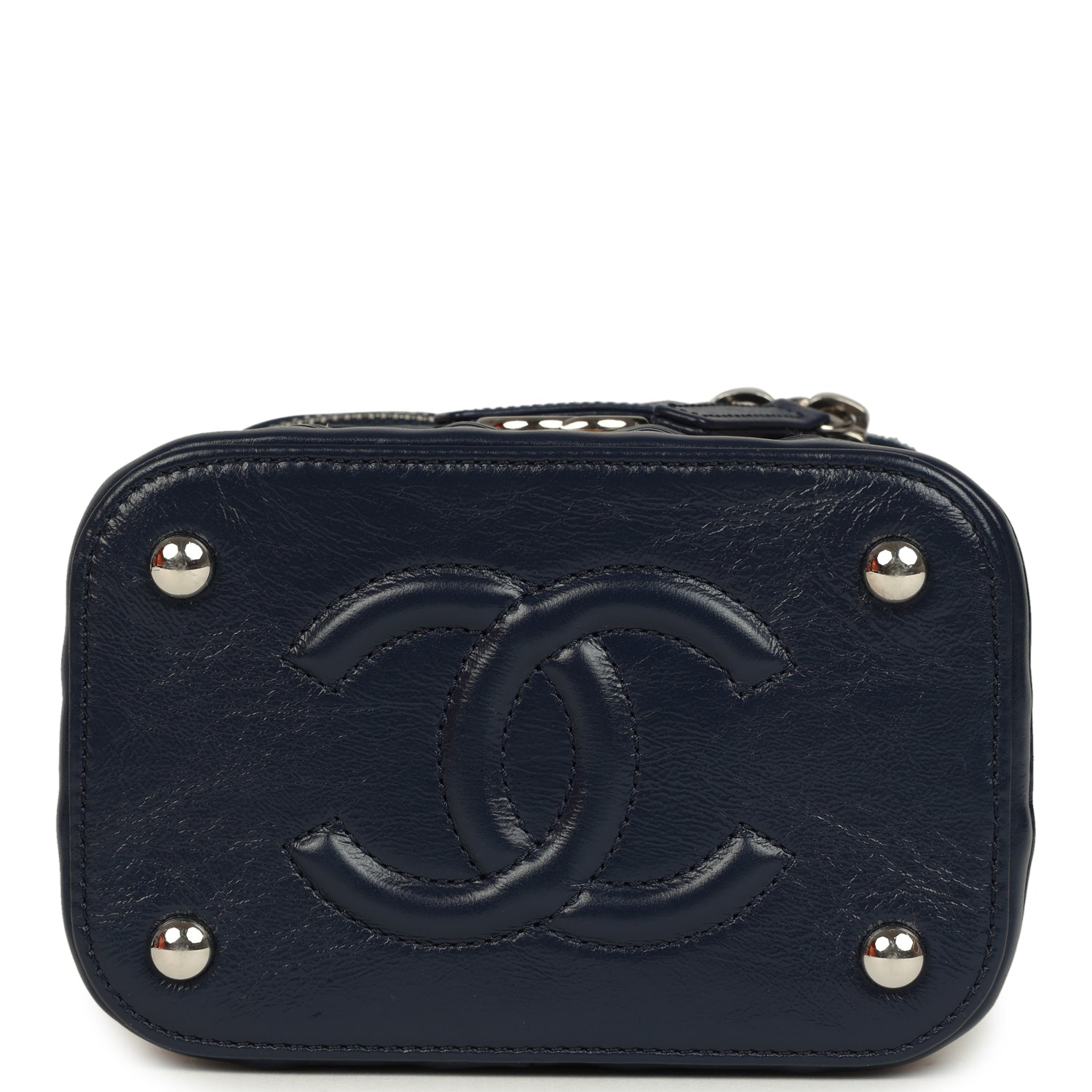 Chanel Small Top Handle Vanity Case Beige Raffia and Navy Calfskin Silver Hardware
