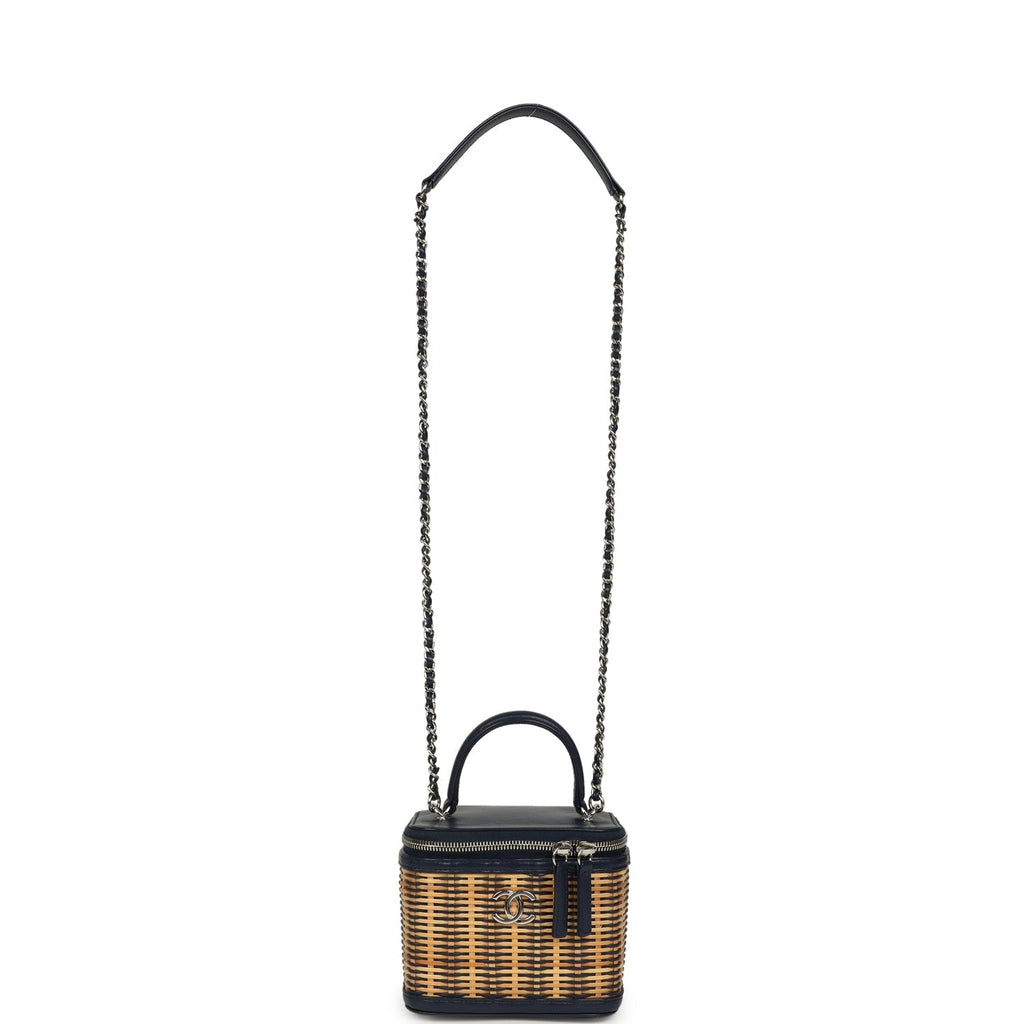 Chanel Small Top Handle Vanity Case Beige Raffia and Navy Calfskin Silver Hardware