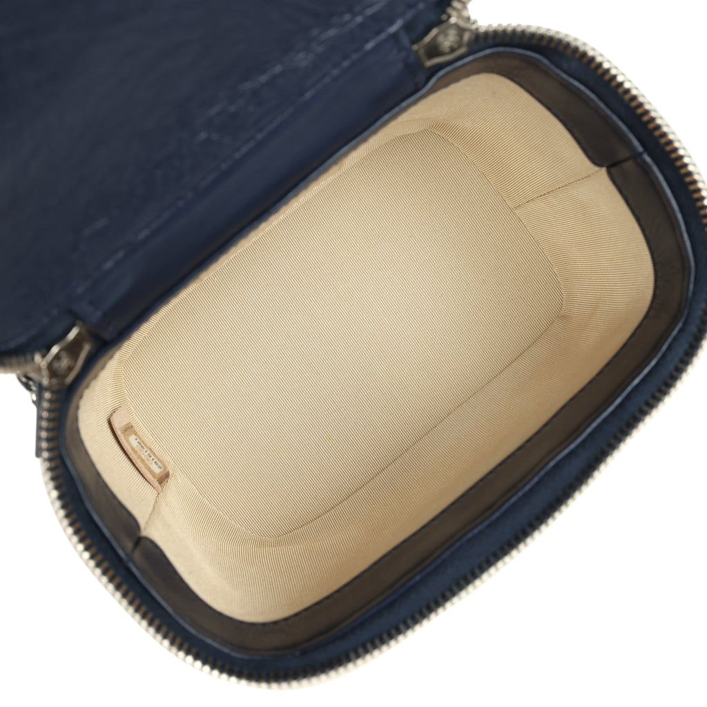 Chanel Small Top Handle Vanity Case Beige Raffia and Navy Calfskin Silver Hardware