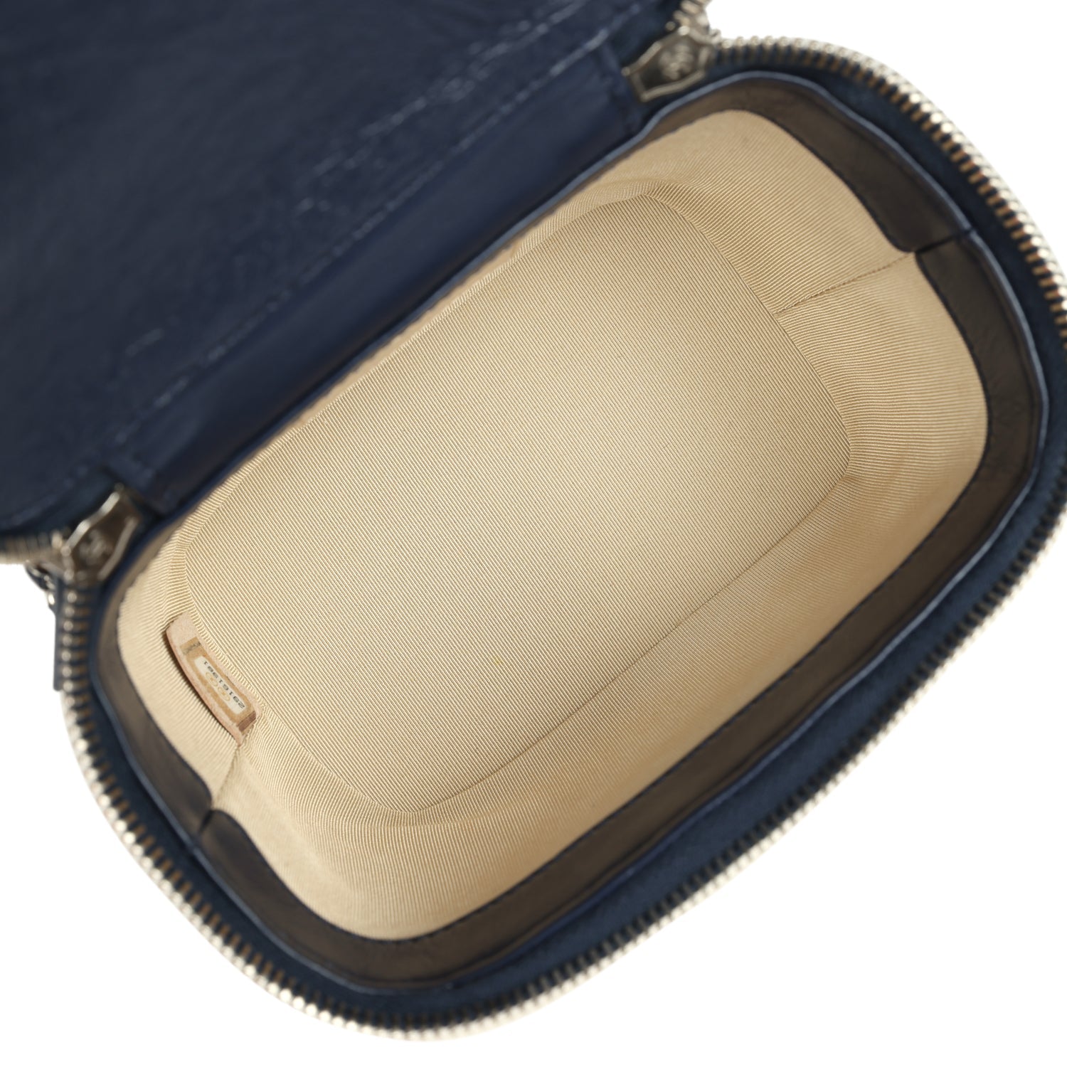 Chanel Small Top Handle Vanity Case Beige Raffia and Navy Calfskin Silver Hardware
