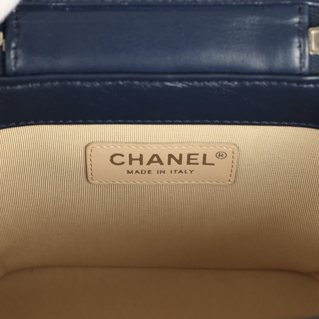 Chanel Small Top Handle Vanity Case Beige Raffia and Navy Calfskin Silver Hardware