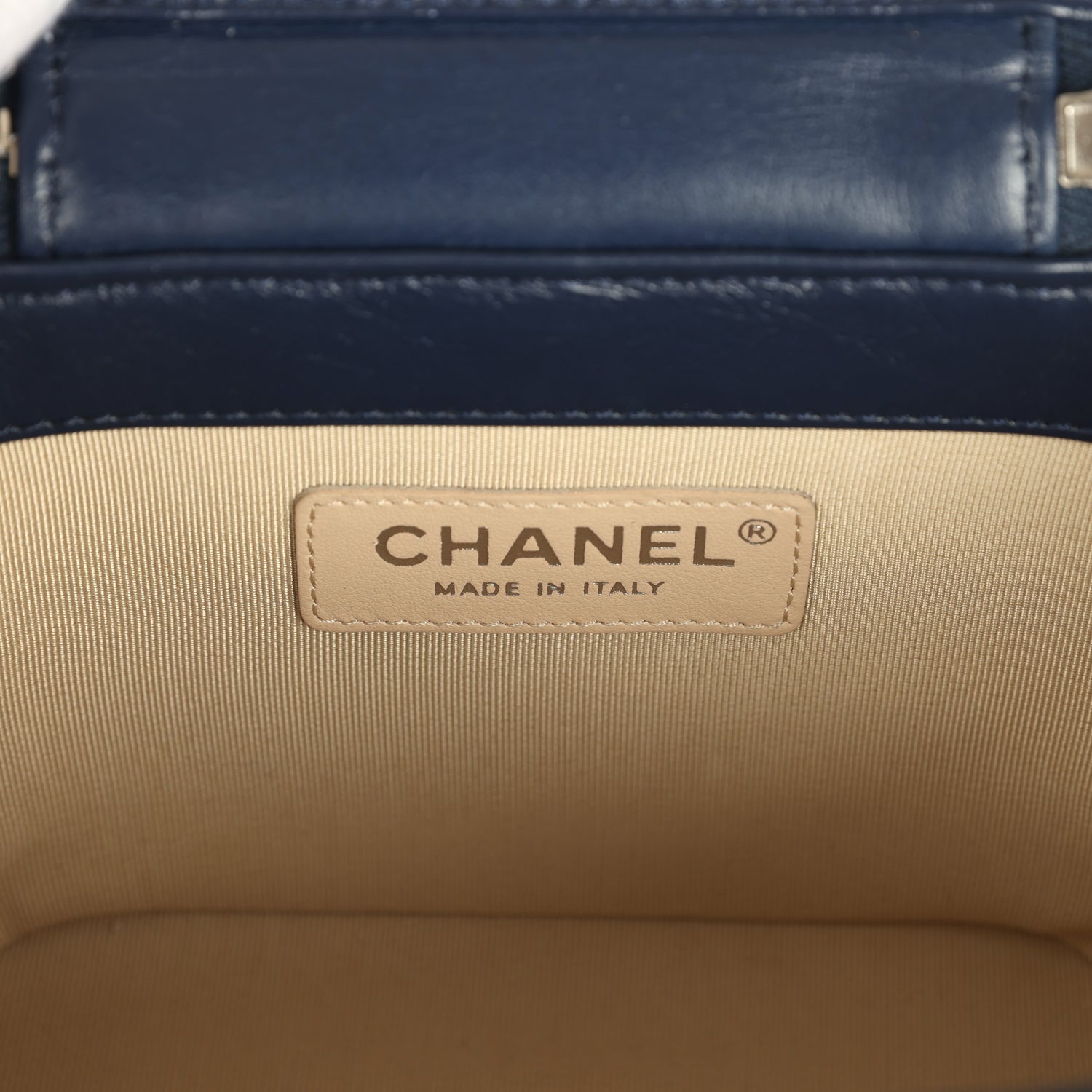 Chanel Small Top Handle Vanity Case Beige Raffia and Navy Calfskin Silver Hardware