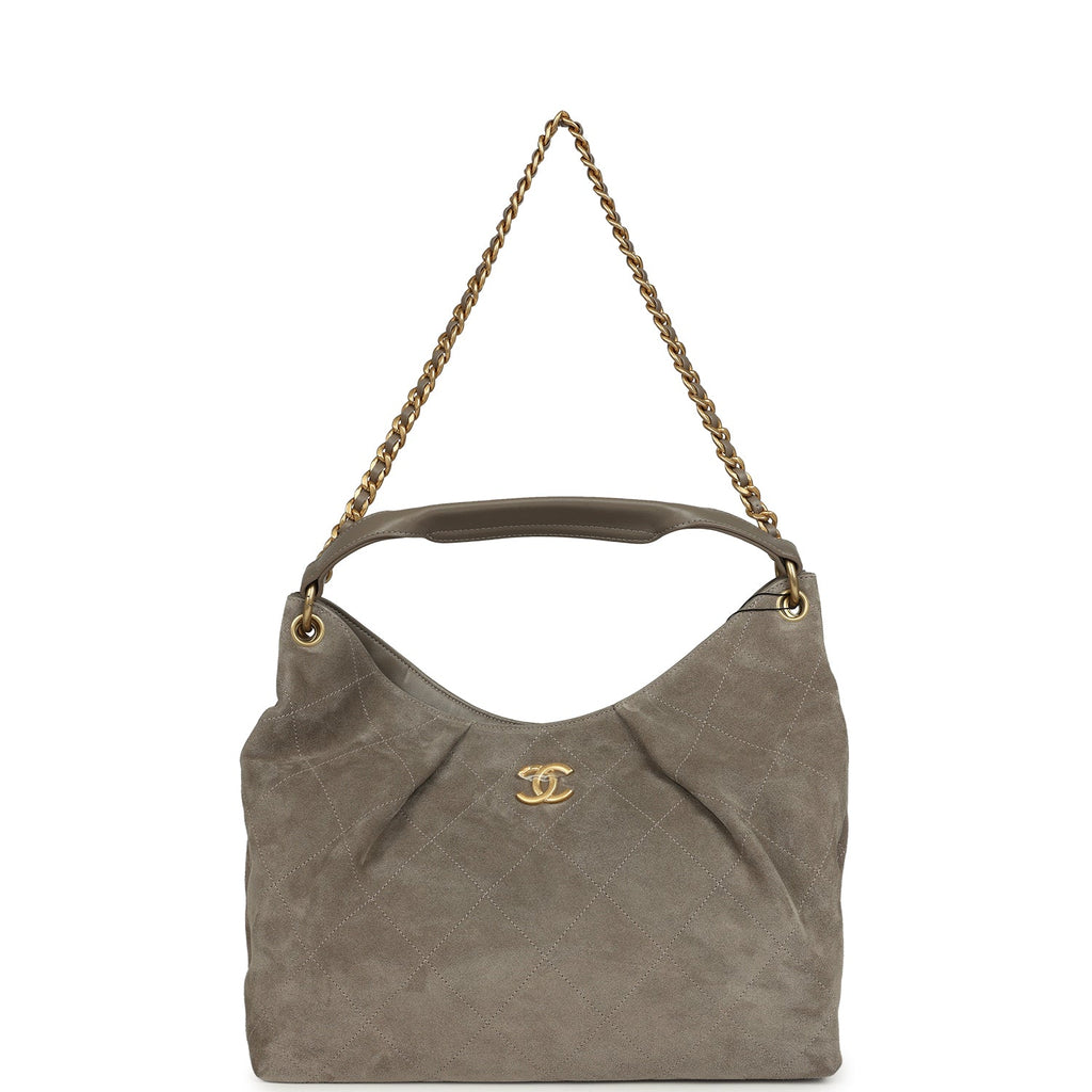 Chanel Maxi Hobo Bag Dark Grey Suede Antique Gold Hardware