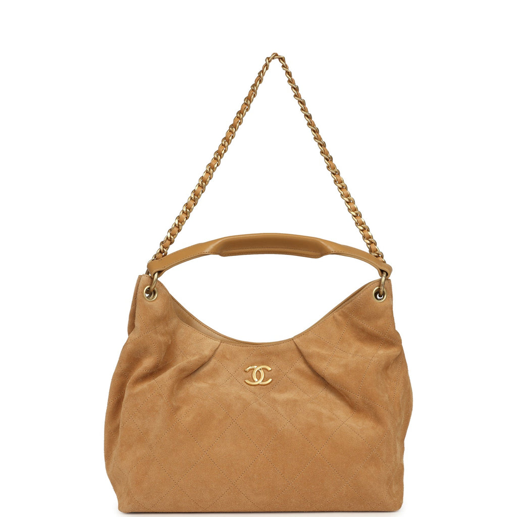 Chanel Maxi Hobo Bag Beige Suede Antique Gold Hardware