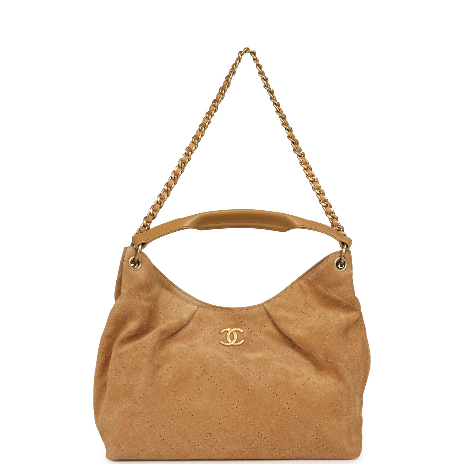 Chanel Maxi Hobo Bag Beige Suede Antique Gold Hardware