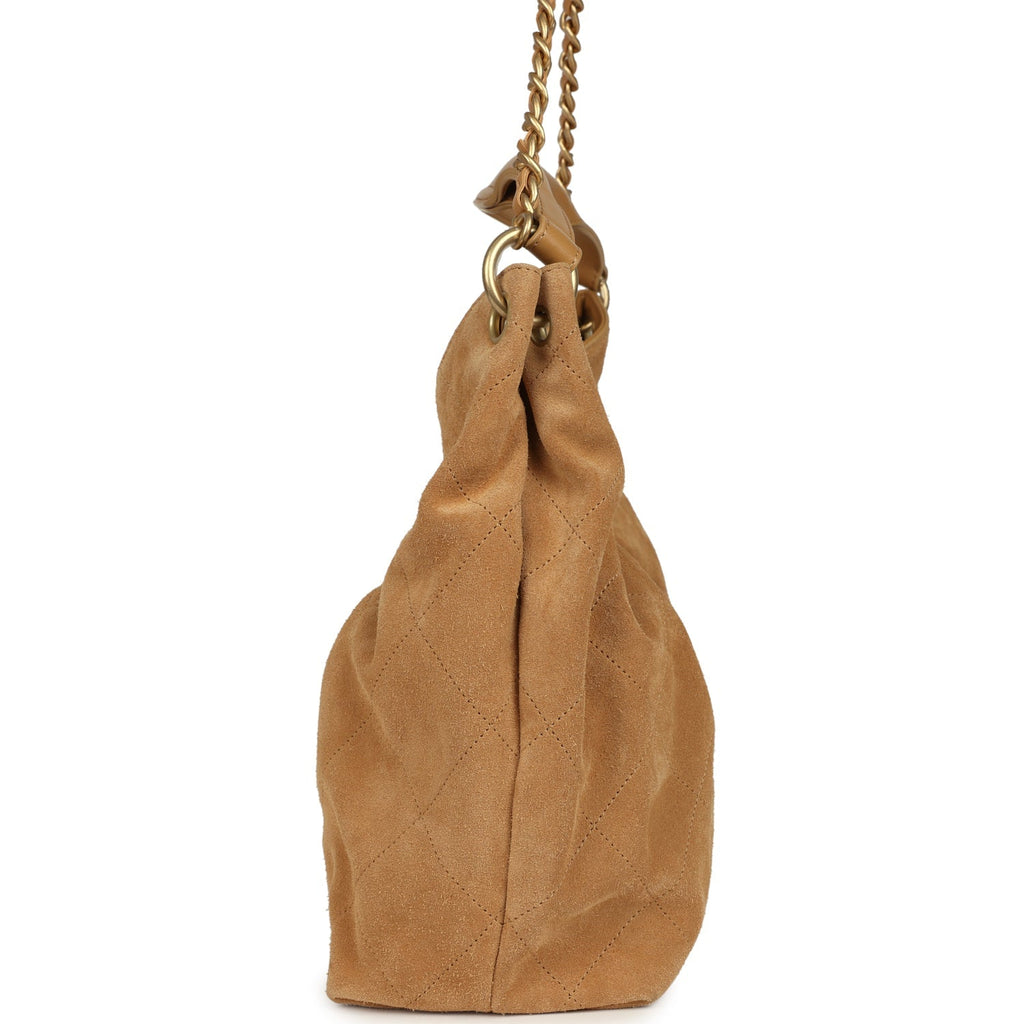 Chanel Maxi Hobo Bag Beige Suede Antique Gold Hardware