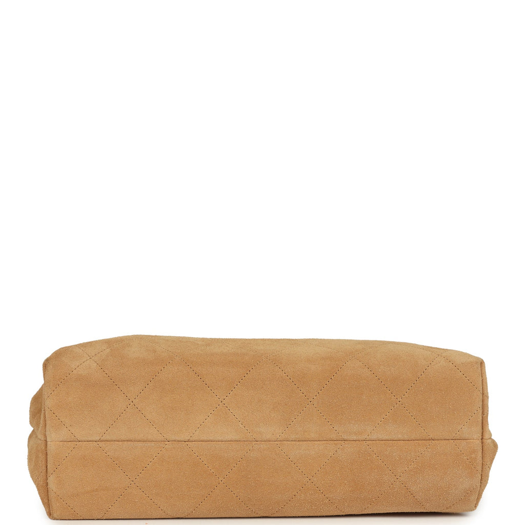 Chanel Maxi Hobo Bag Beige Suede Antique Gold Hardware