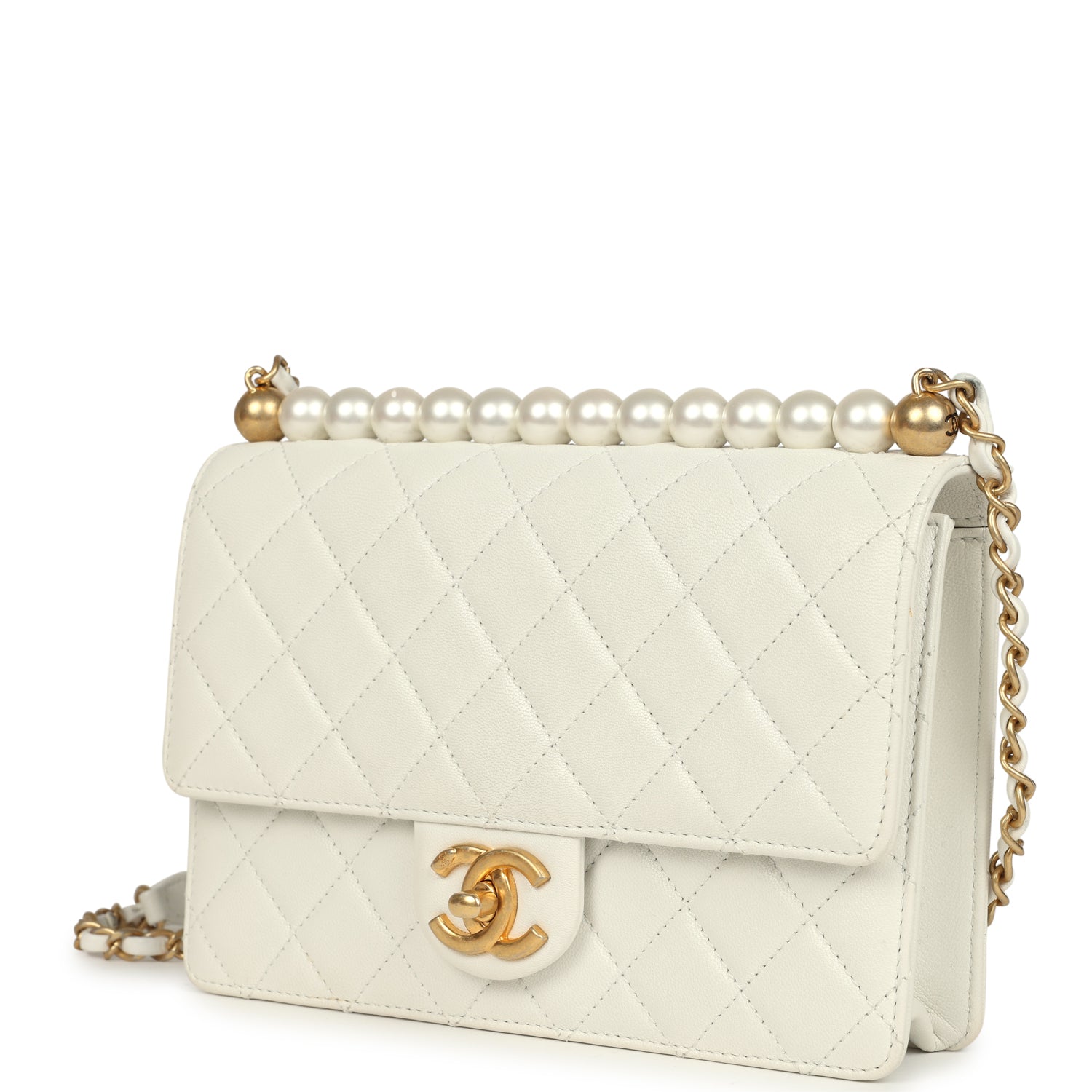 Preowned Chanel Small Chic Pearls Flap Bag White Calfskin Antique Gold Hardware