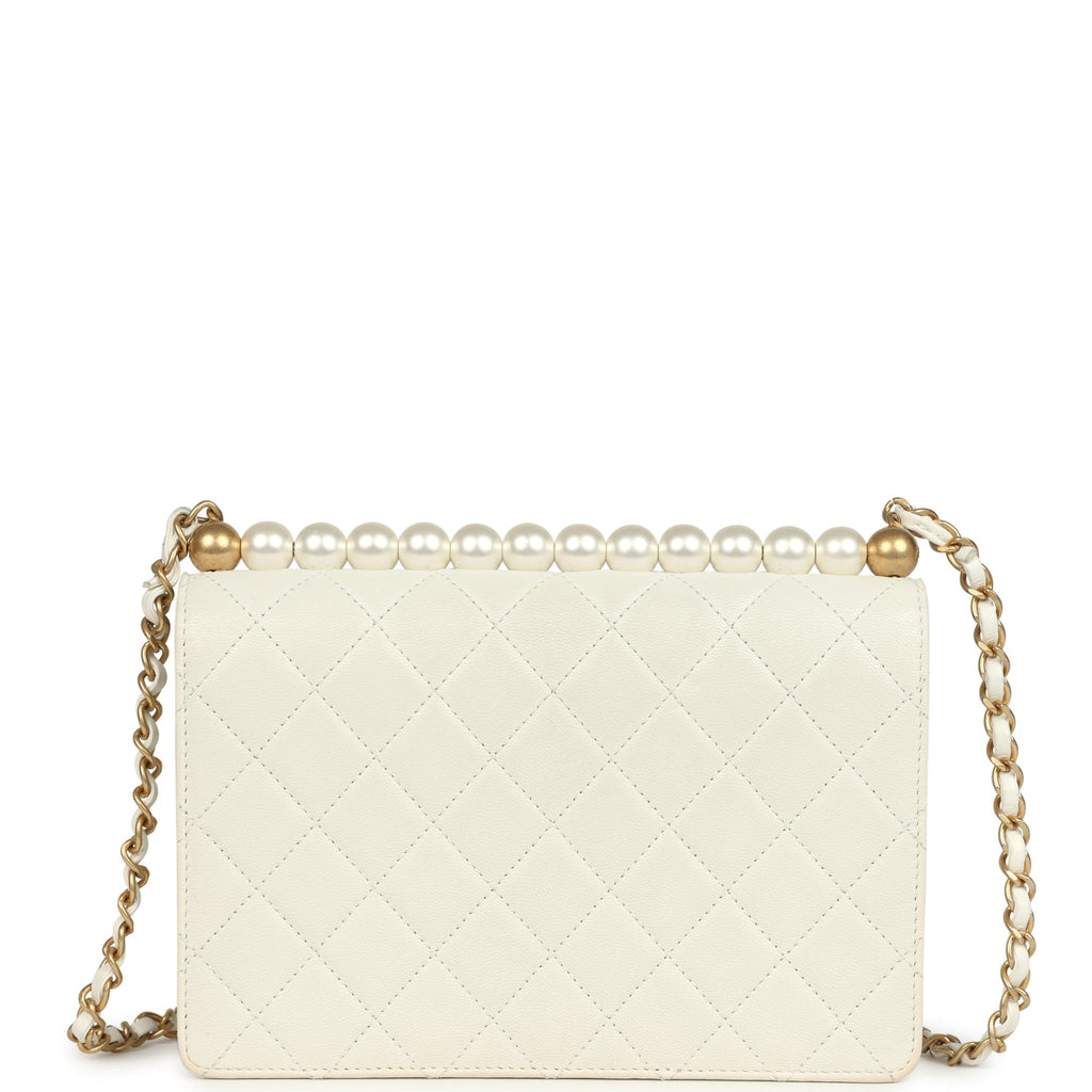 Preowned Chanel Small Chic Pearls Flap Bag White Calfskin Antique Gold Hardware