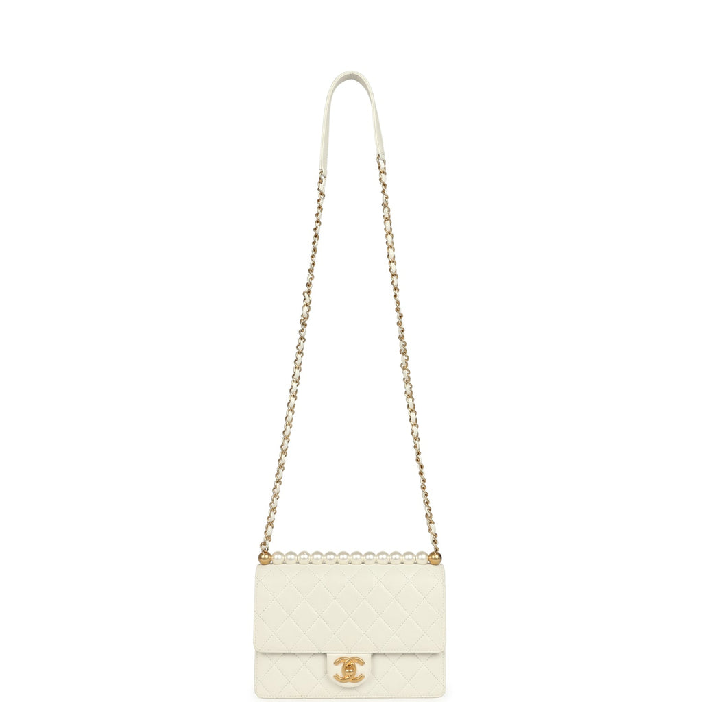 Preowned Chanel Small Chic Pearls Flap Bag White Calfskin Antique Gold Hardware