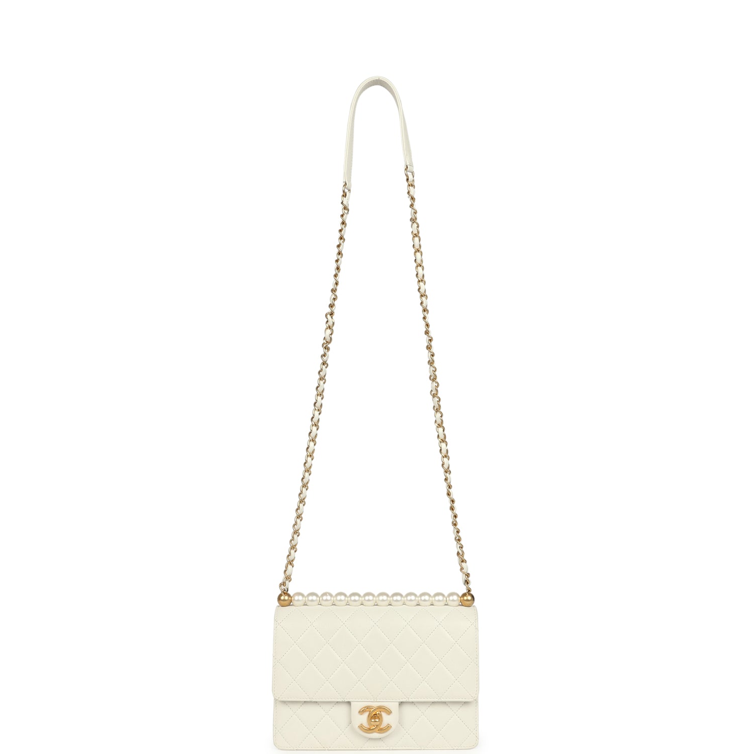 Preowned Chanel Small Chic Pearls Flap Bag White Calfskin Antique Gold Hardware