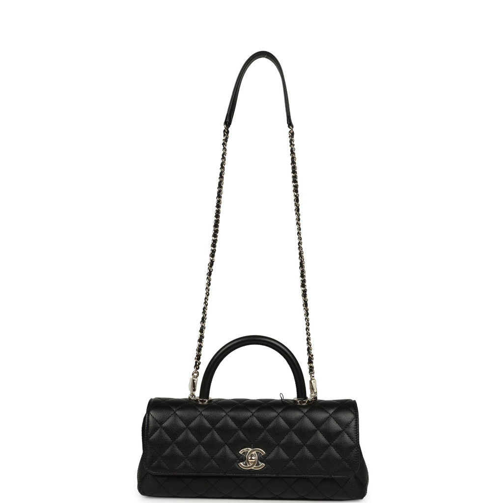Chanel Maxi Coco Handle Long Flap Bag Black Shiny Caviar Light Gold Hardware