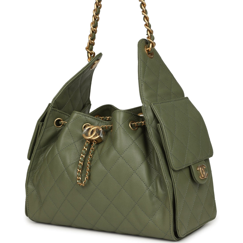 Chanel Small 25 Hobo Bag Green Caviar Antique Gold Hardware