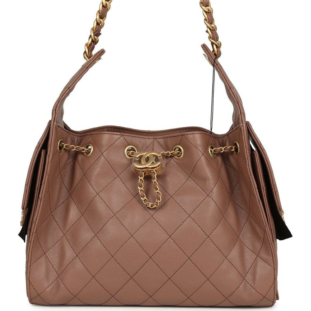 Chanel Small 25 Hobo Bag Brown Caviar Antique Gold Hardware