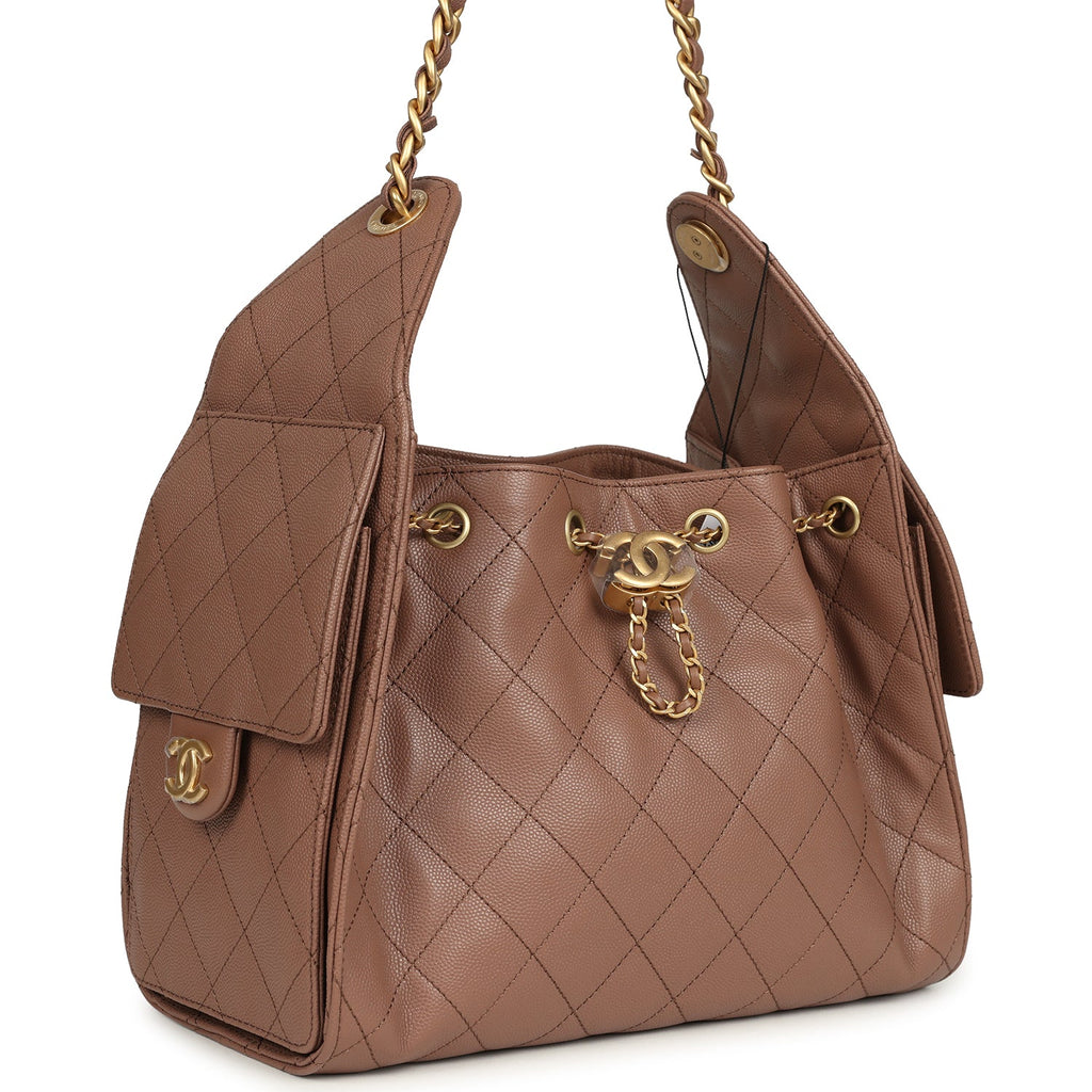 Chanel Small 25 Hobo Bag Brown Caviar Antique Gold Hardware