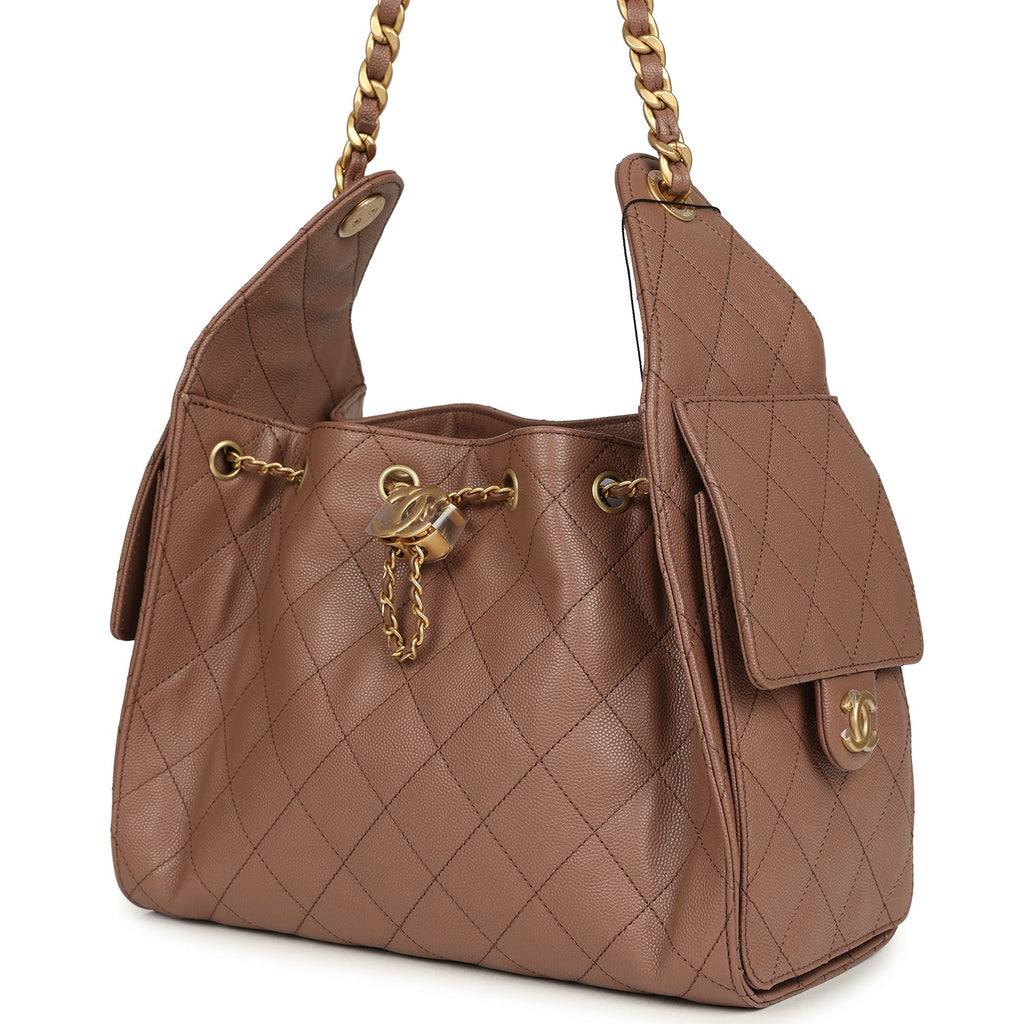 Chanel Small 25 Hobo Bag Brown Caviar Antique Gold Hardware