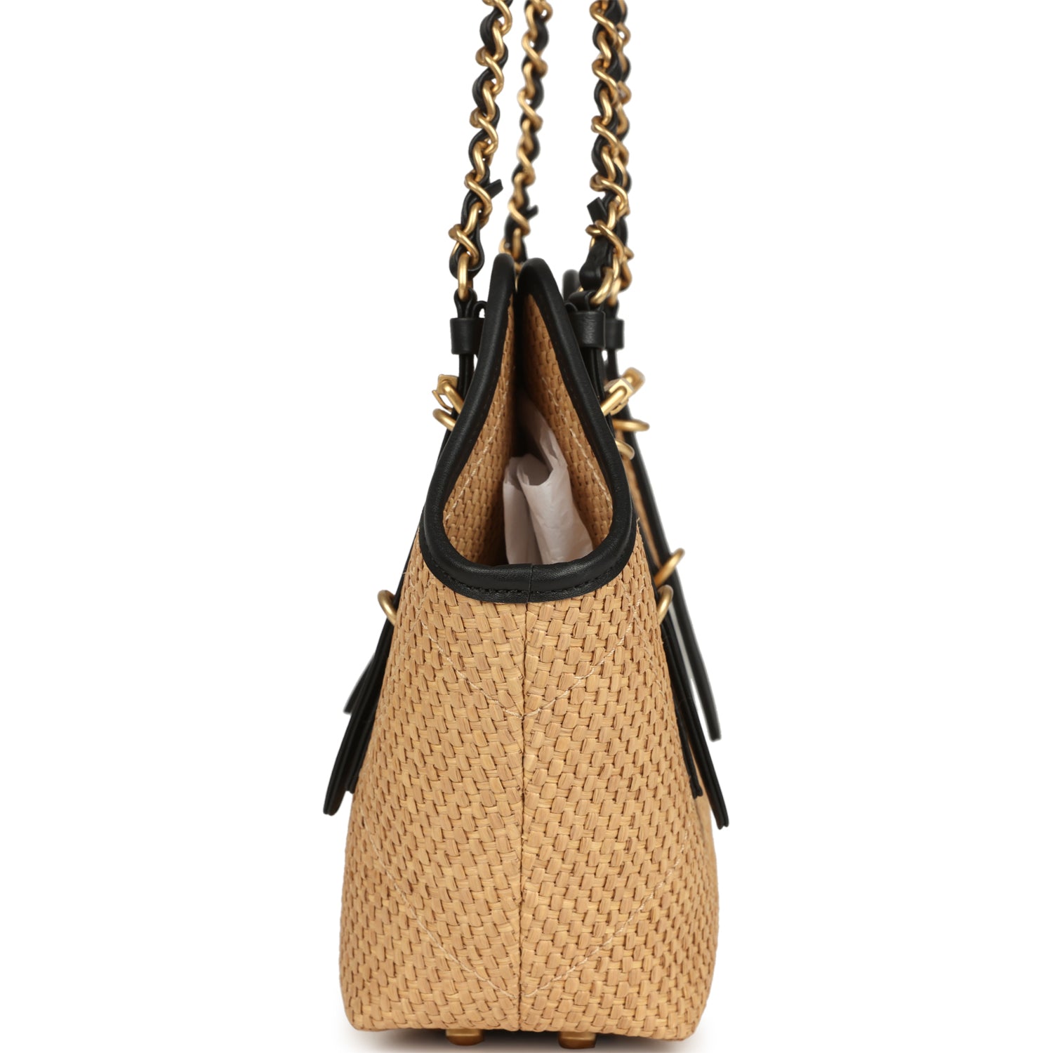 Chanel Small Coco Shopping Bag Raffia and Black Calfskin Antique Gold Hardware