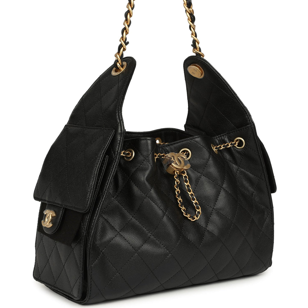 Chanel Small 25 Hobo Bag Black Caviar Antique Gold Hardware