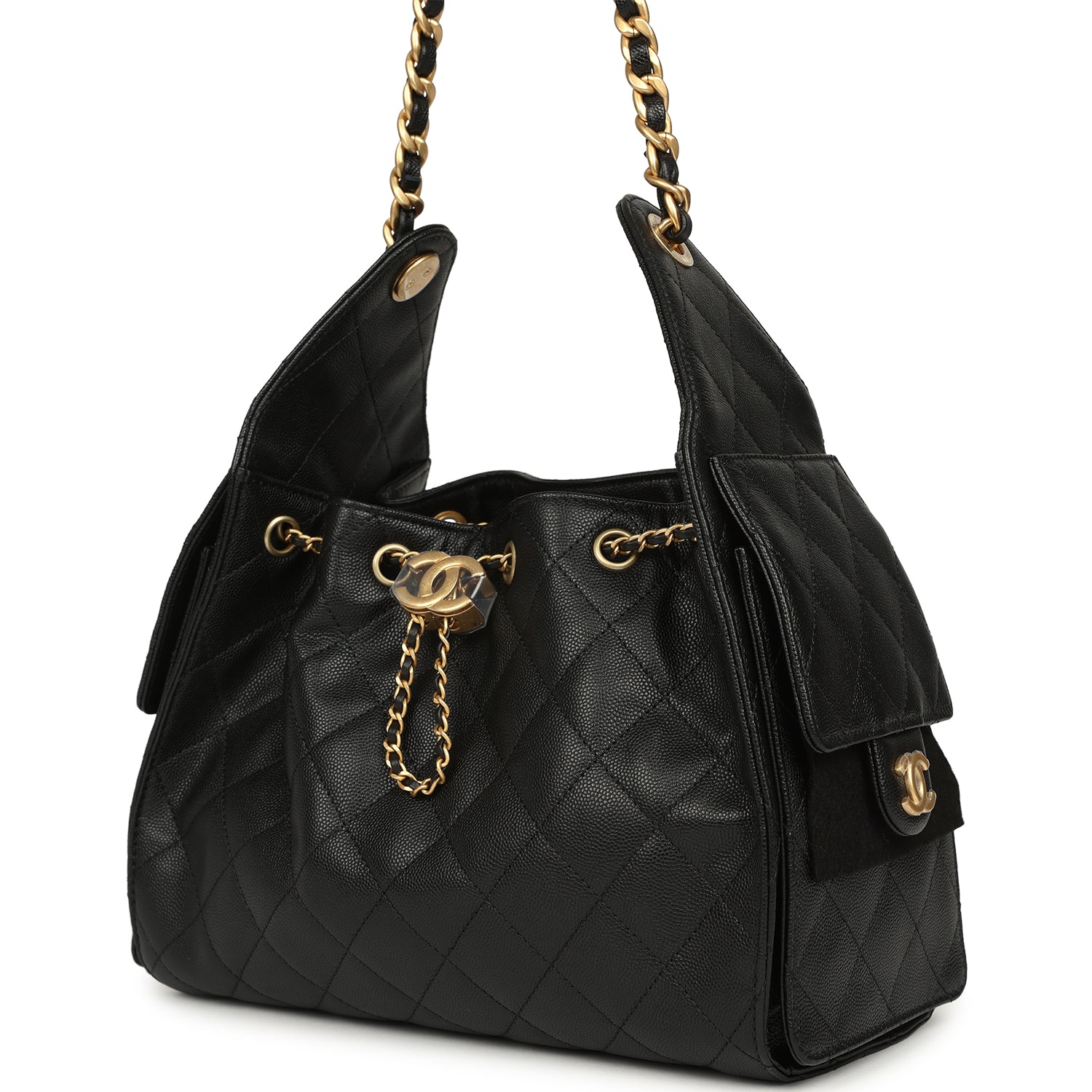 Chanel Small 25 Hobo Bag Black Caviar Antique Gold Hardware