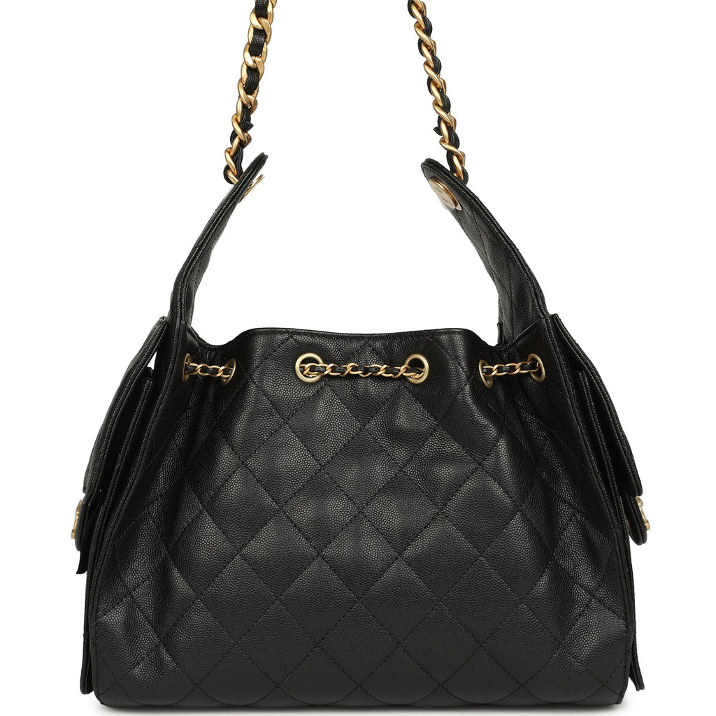 Chanel Small 25 Hobo Bag Black Caviar Antique Gold Hardware