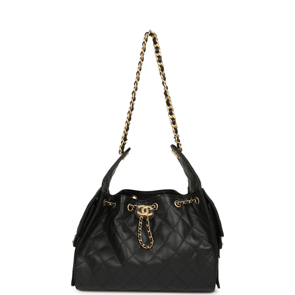 Chanel Small 25 Hobo Bag Black Caviar Antique Gold Hardware