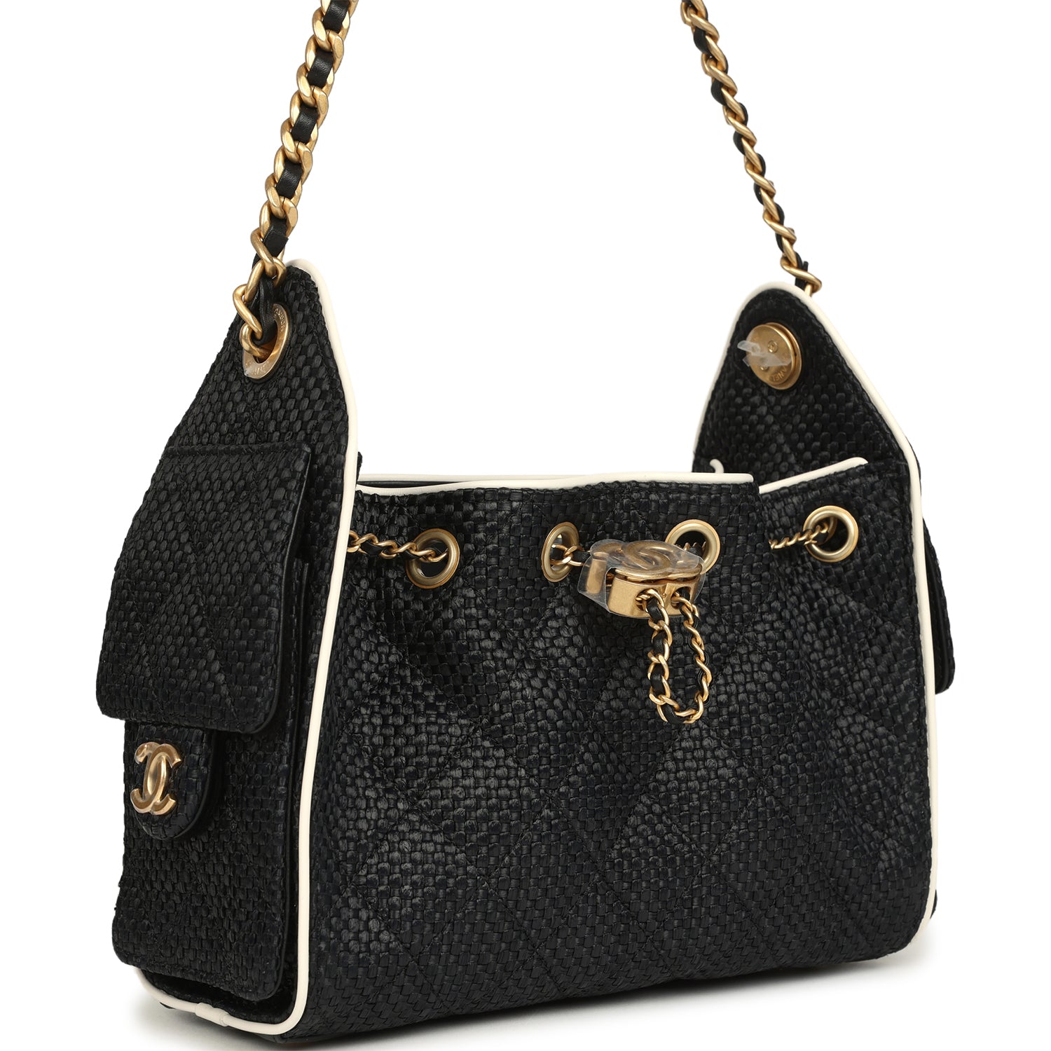 Chanel Mini 25 Hobo Bag Black Raffia and White Calfskin Antique Gold Hardware