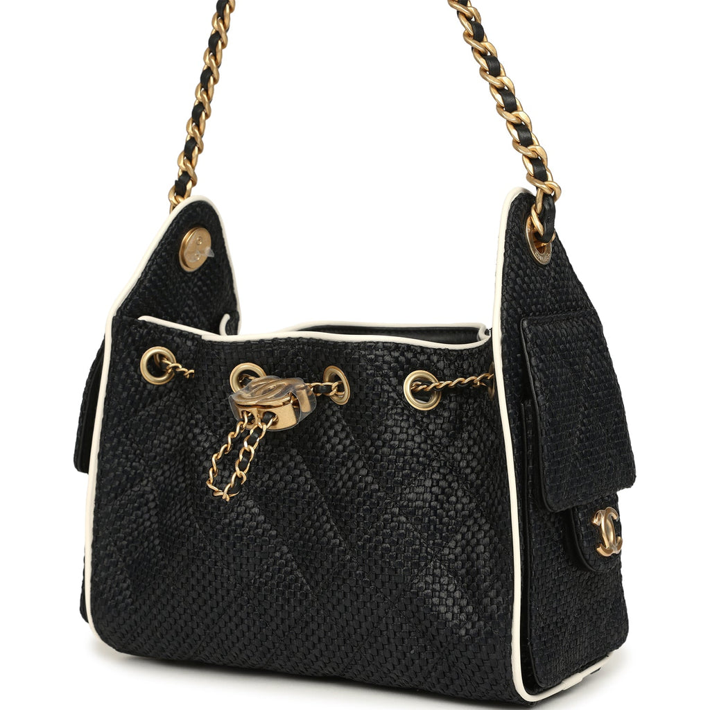 Chanel Mini 25 Hobo Bag Black Raffia and White Calfskin Antique Gold Hardware