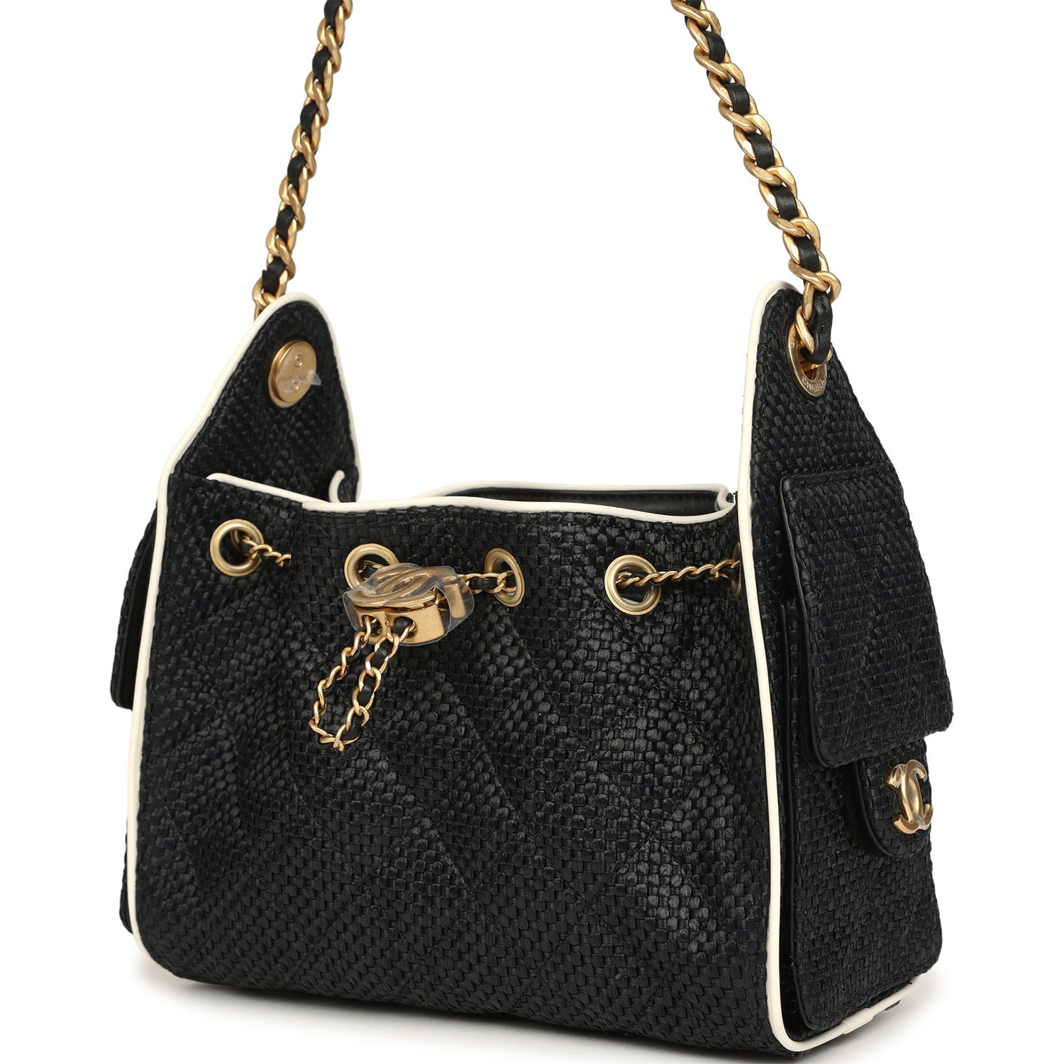 Chanel Mini 25 Hobo Bag Black Raffia and White Calfskin Antique Gold Hardware