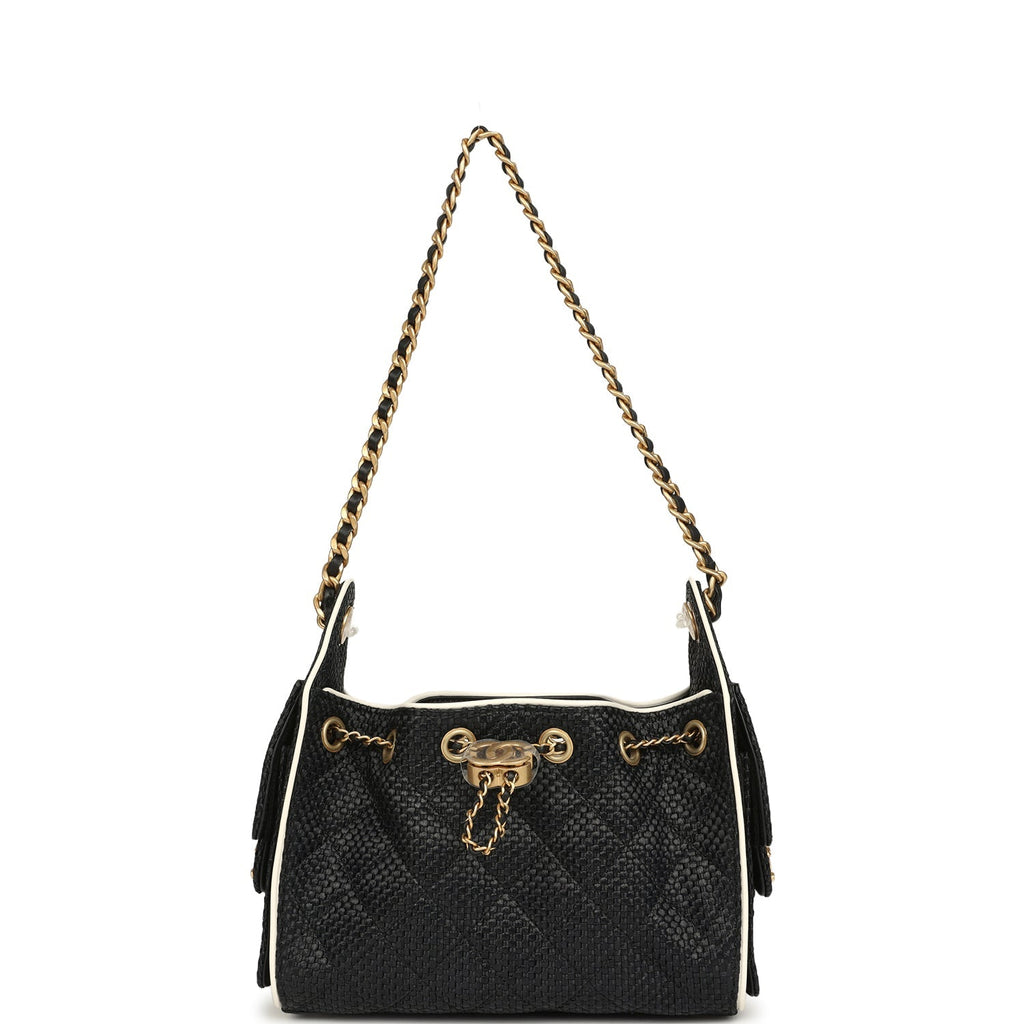 Chanel Mini 25 Hobo Bag Black Raffia and White Calfskin Antique Gold Hardware