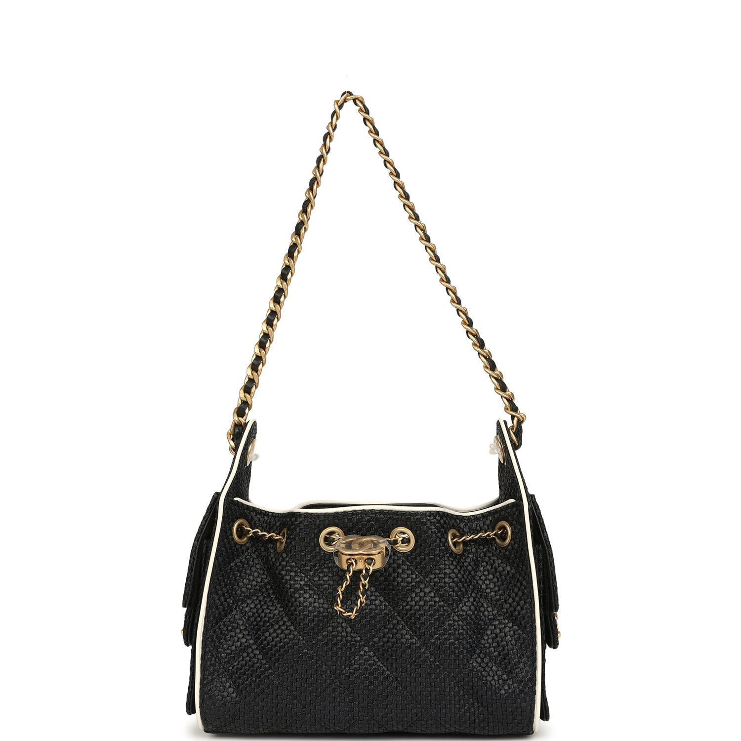 Chanel Mini 25 Hobo Bag Black Raffia and White Calfskin Antique Gold Hardware