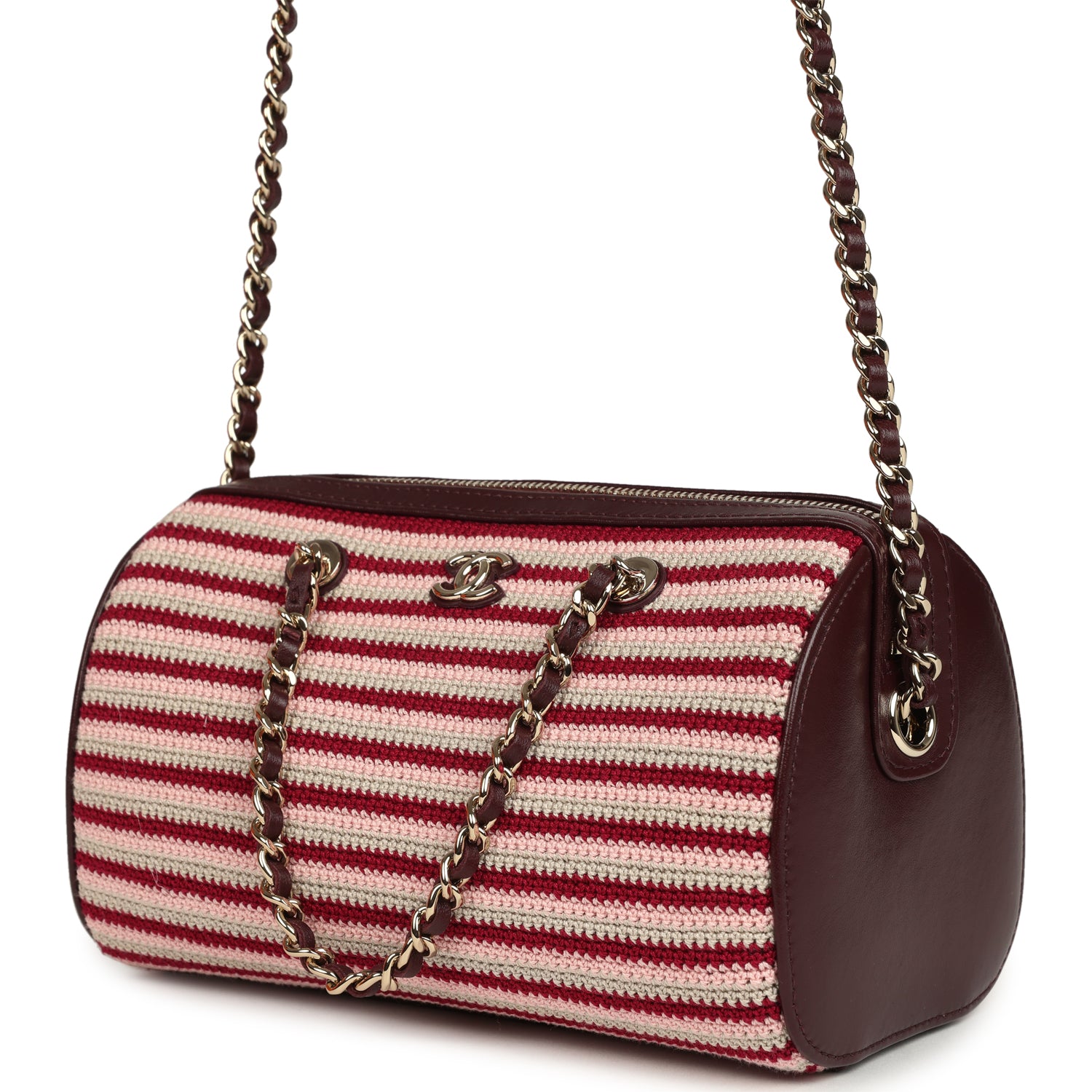Chanel Mini Timeless Classic Barrel Bag with Chain Burgundy Multi Crochet and Burgundy Lambskin Light Gold Hardware