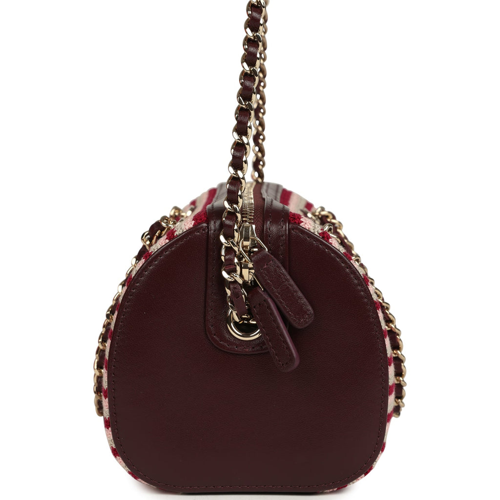 Chanel Mini Timeless Classic Barrel Bag with Chain Burgundy Multi Crochet and Burgundy Lambskin Light Gold Hardware