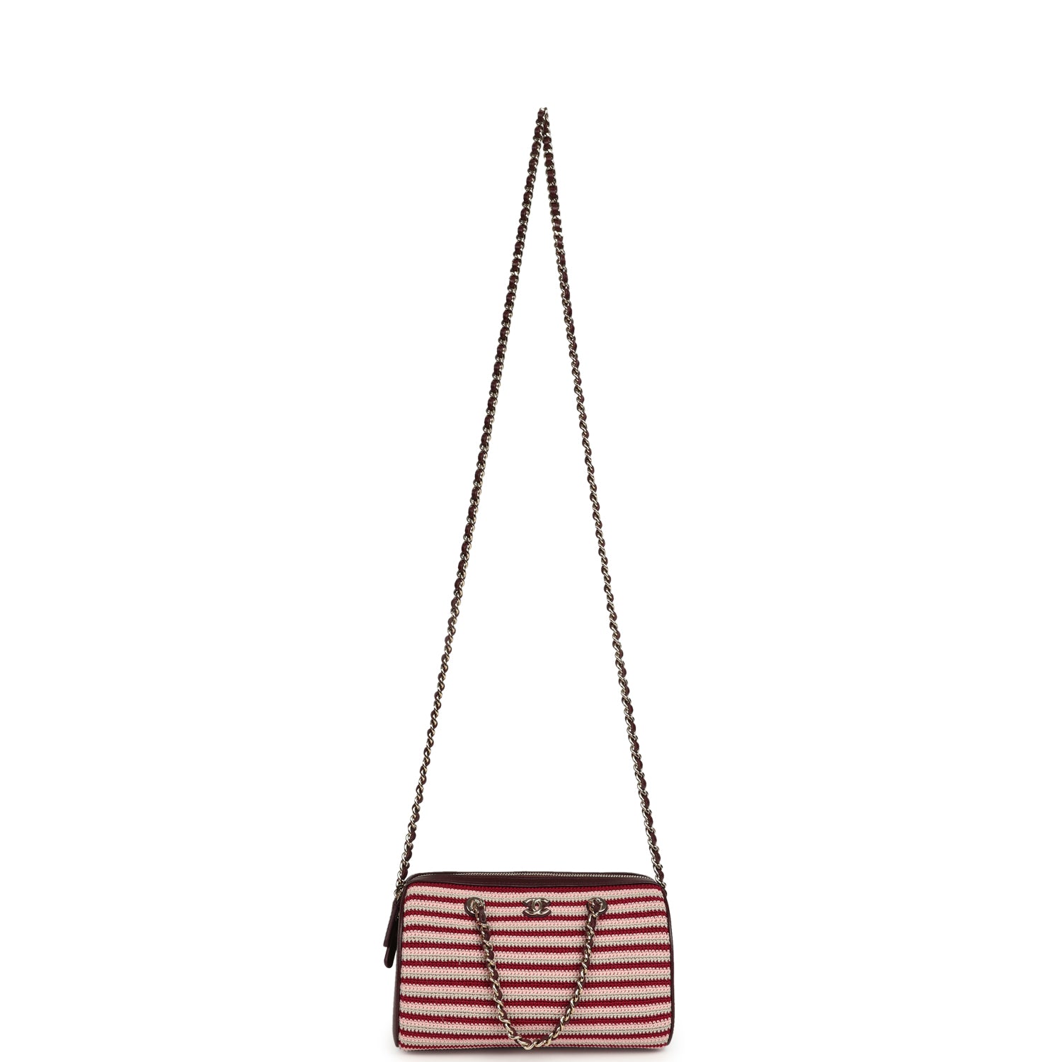 Chanel Mini Timeless Classic Barrel Bag with Chain Burgundy Multi Crochet and Burgundy Lambskin Light Gold Hardware