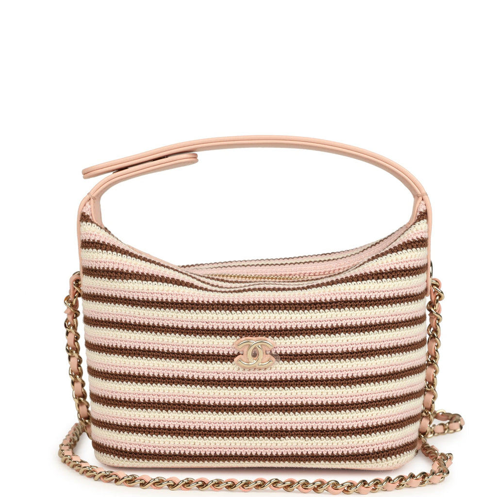 Chanel Mini Hobo Pouch with Chain Light Pink, Brown and White Crochet and Lambskin Light Gold Hardware