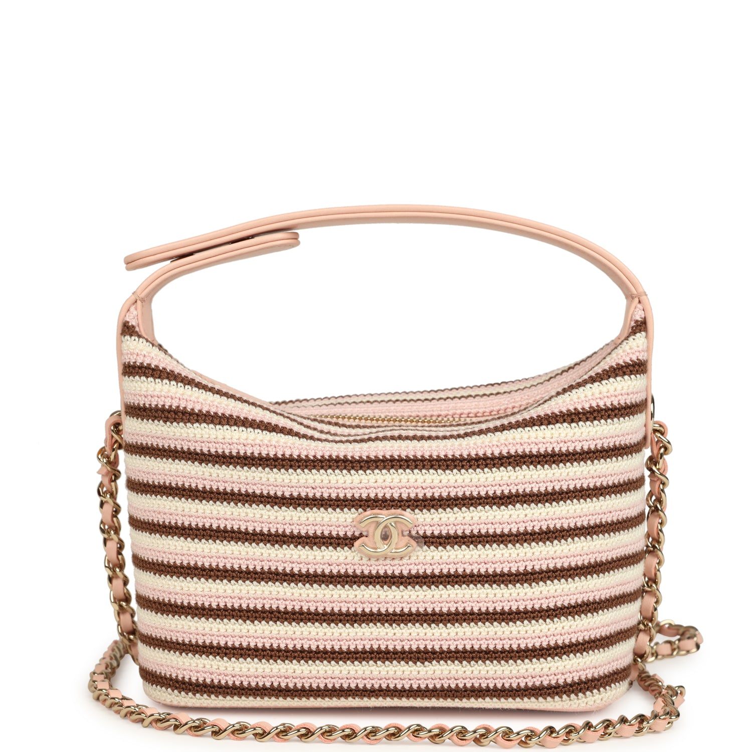 Chanel Mini Hobo Pouch with Chain Light Pink, Brown and White Crochet and Lambskin Light Gold Hardware