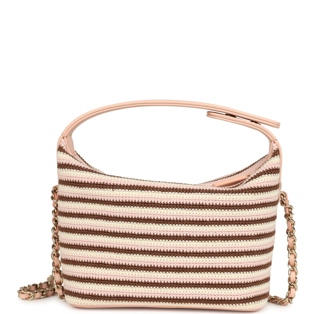 Chanel Mini Hobo Pouch with Chain Light Pink, Brown and White Crochet and Lambskin Light Gold Hardware