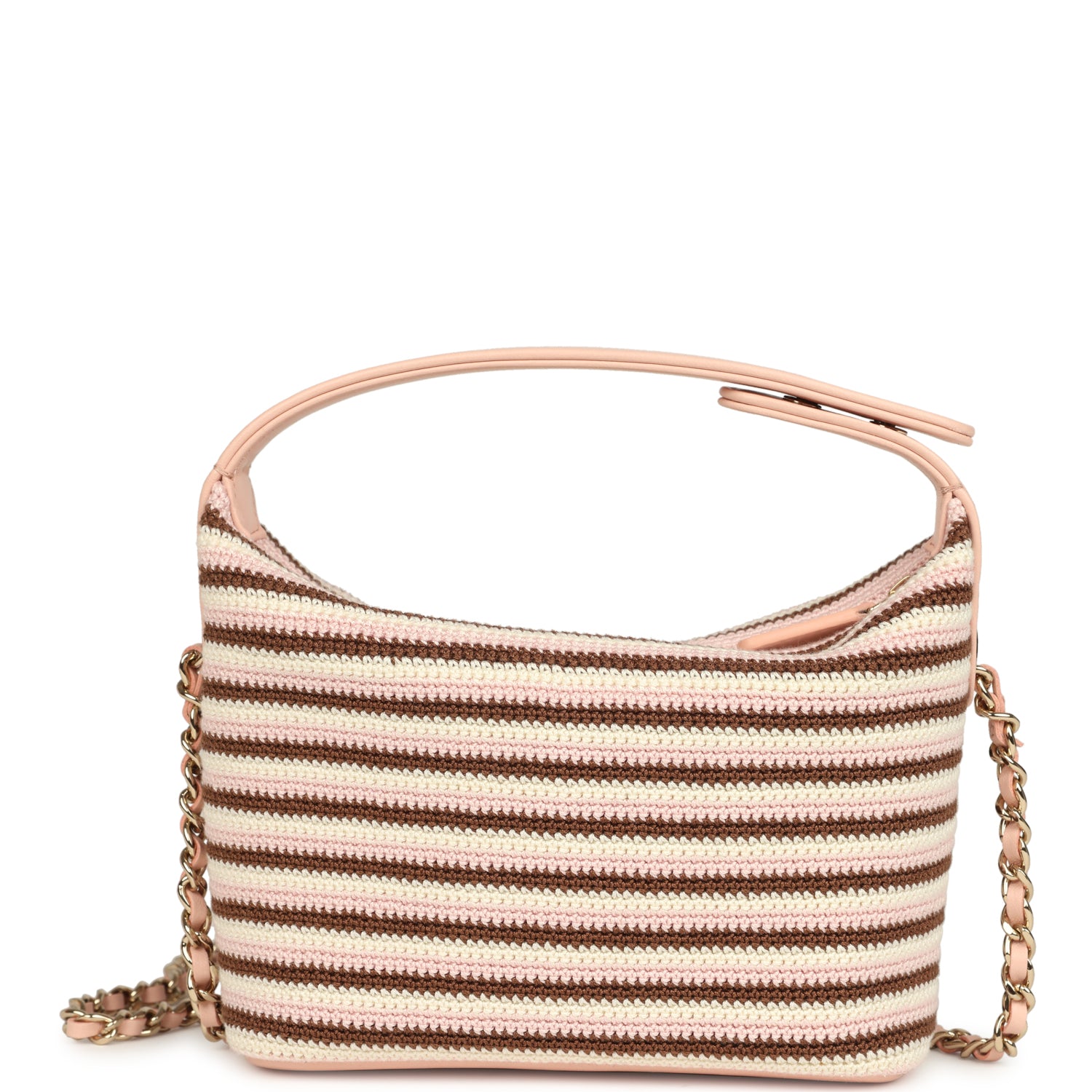 Chanel Mini Hobo Pouch with Chain Light Pink, Brown and White Crochet and Lambskin Light Gold Hardware