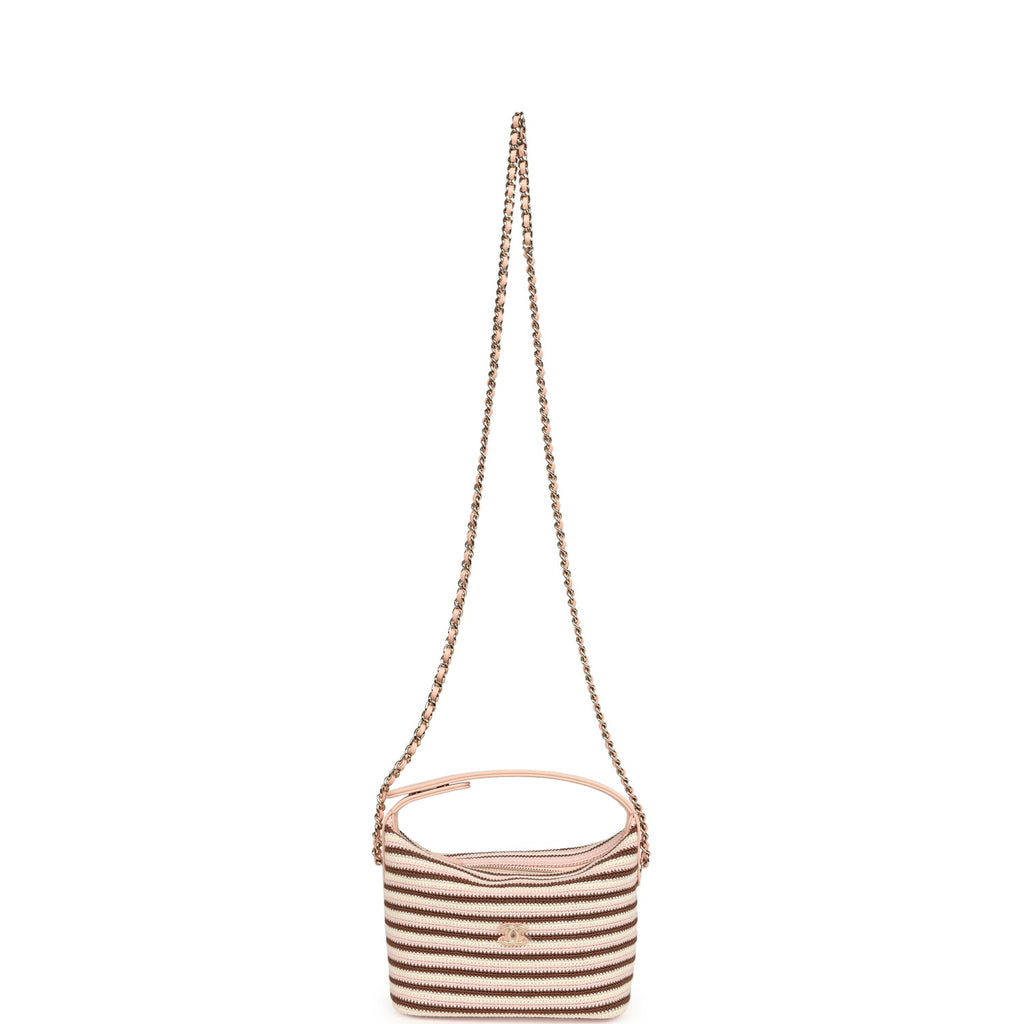 Chanel Mini Hobo Pouch with Chain Light Pink, Brown and White Crochet and Lambskin Light Gold Hardware