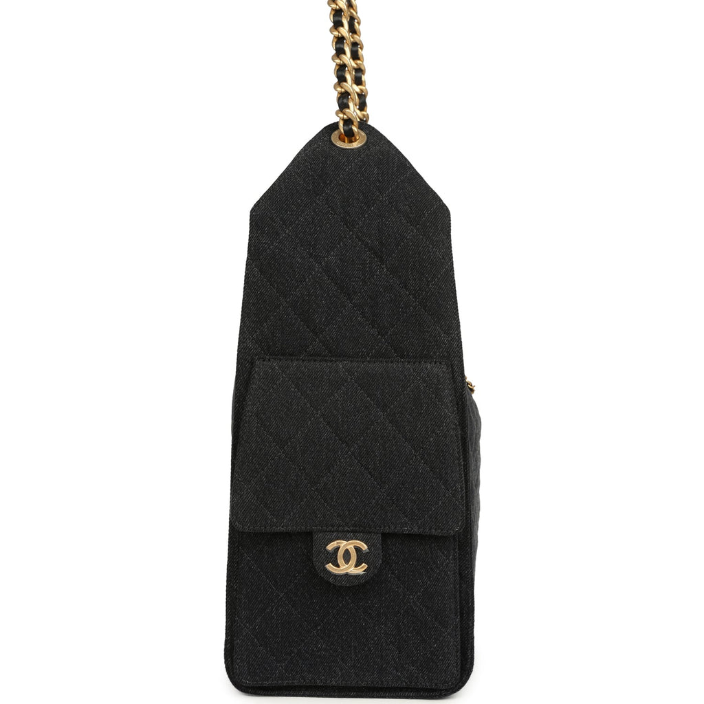 Chanel Medium 25 Hobo Bag Black Washed Denim Antique Gold Hardware