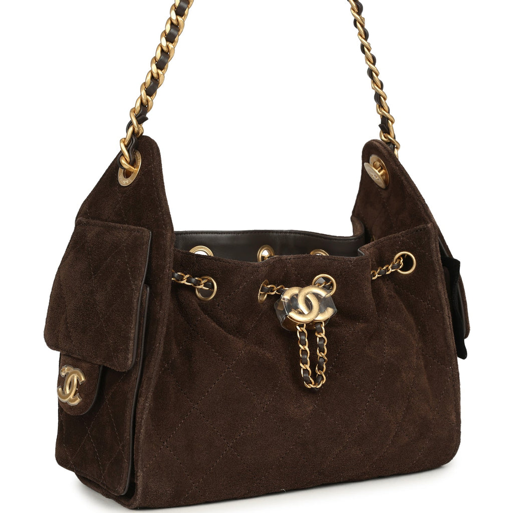 Chanel Mini 25 Hobo Bag Dark Brown Suede Antique Gold Hardware
