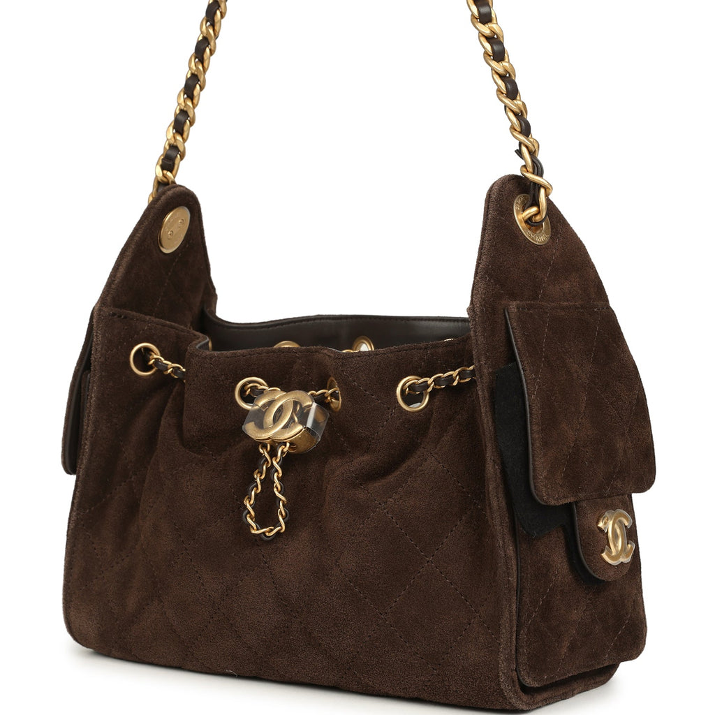 Chanel Mini 25 Hobo Bag Dark Brown Suede Antique Gold Hardware