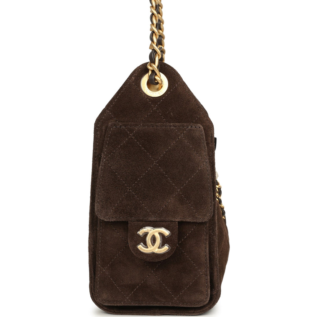 Chanel Mini 25 Hobo Bag Dark Brown Suede Antique Gold Hardware