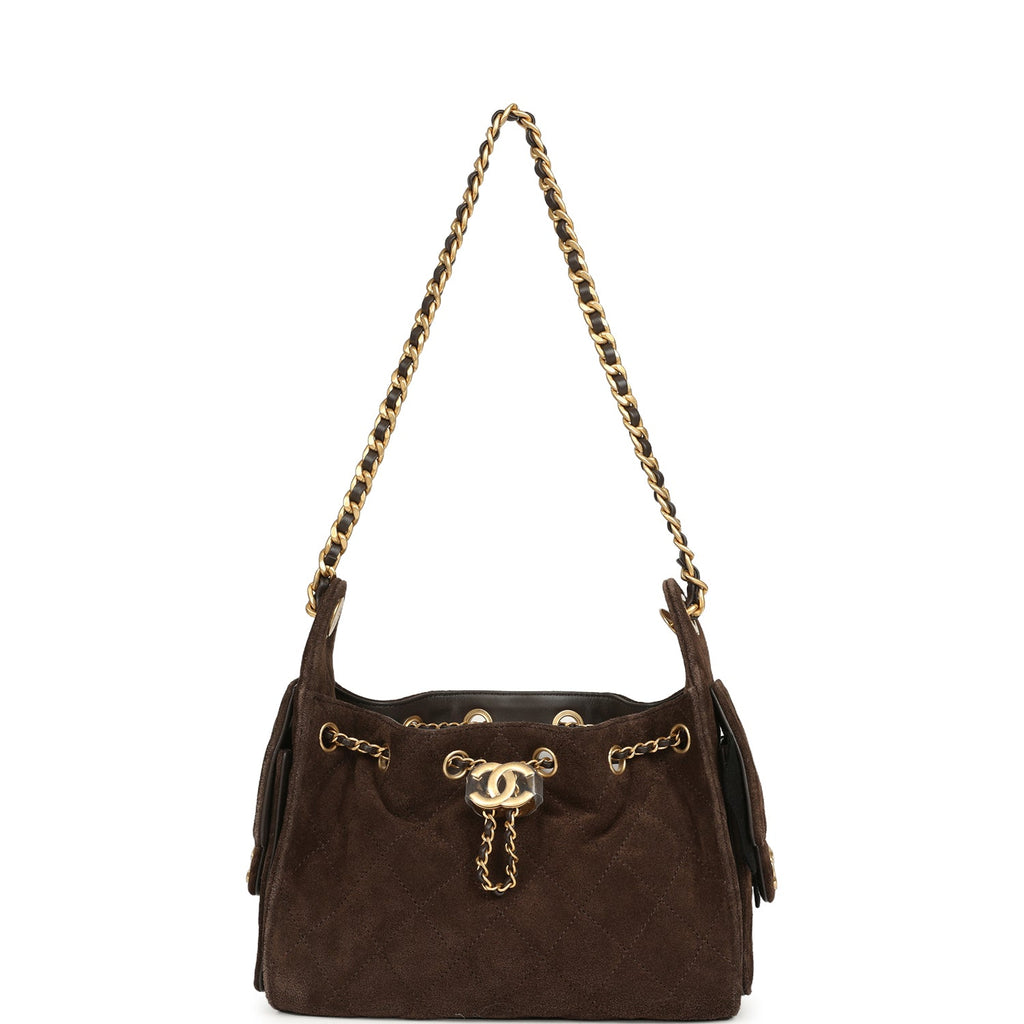 Chanel Mini 25 Hobo Bag Dark Brown Suede Antique Gold Hardware