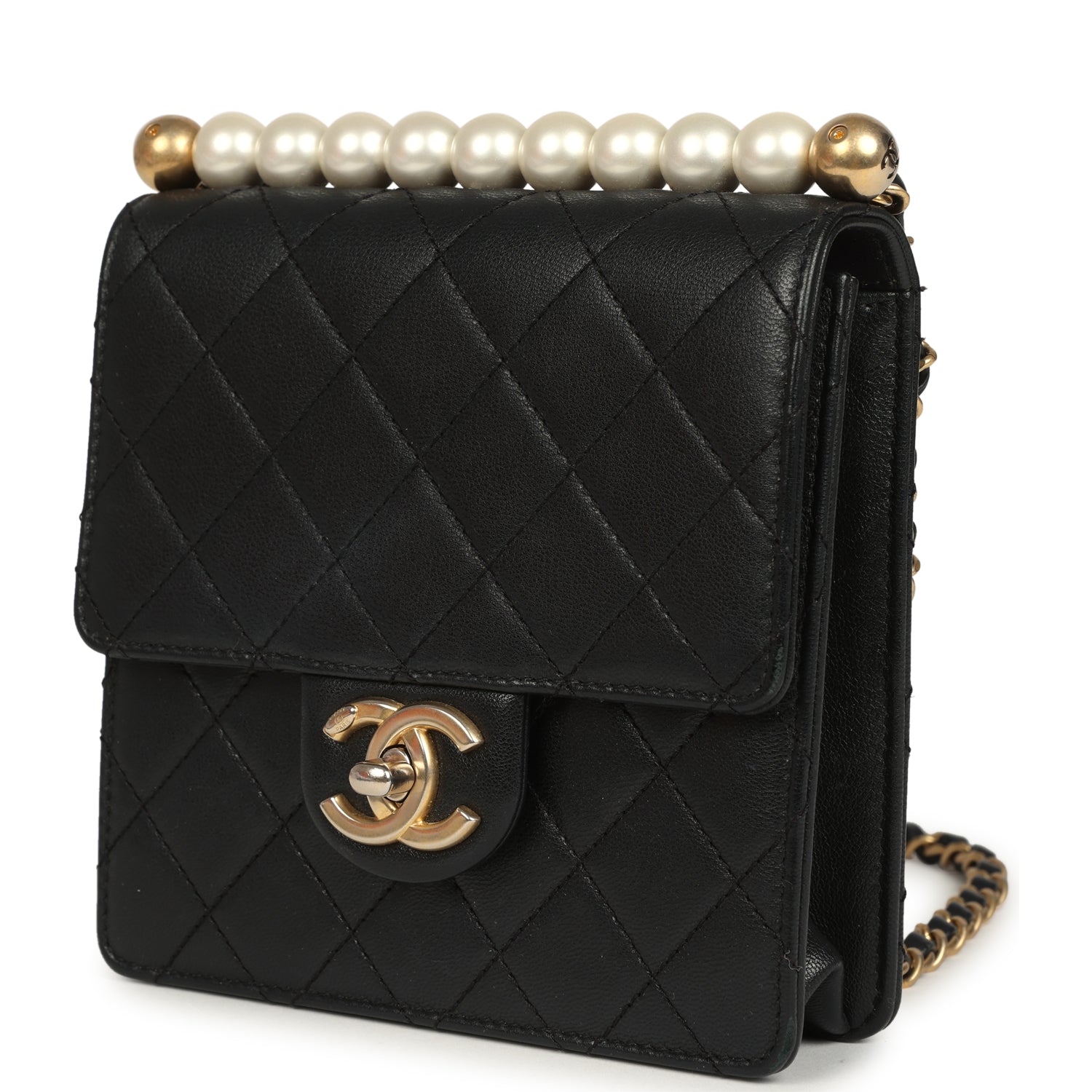 Chanel Chic Pearls Flap Bag Black Calfskin Brushed Gold Hardware