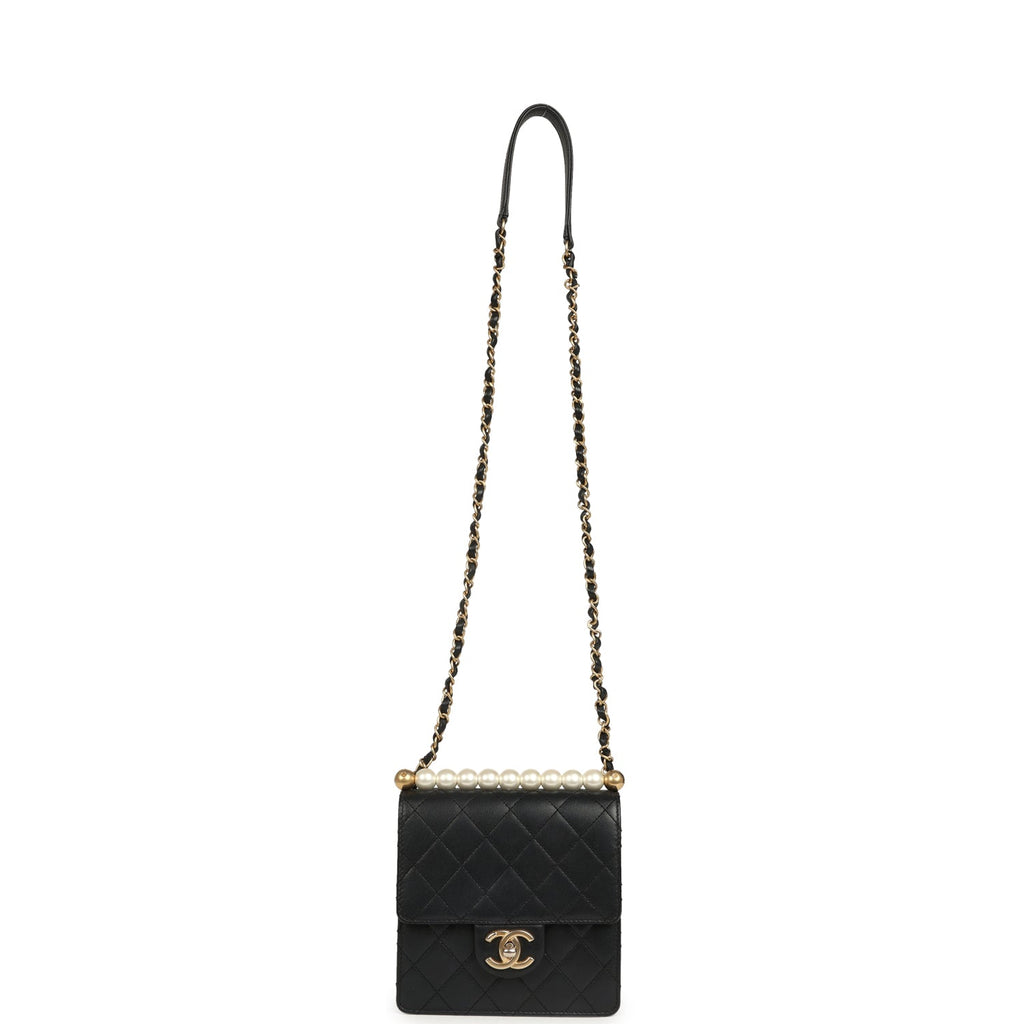 Chanel Chic Pearls Flap Bag Black Calfskin Brushed Gold Hardware