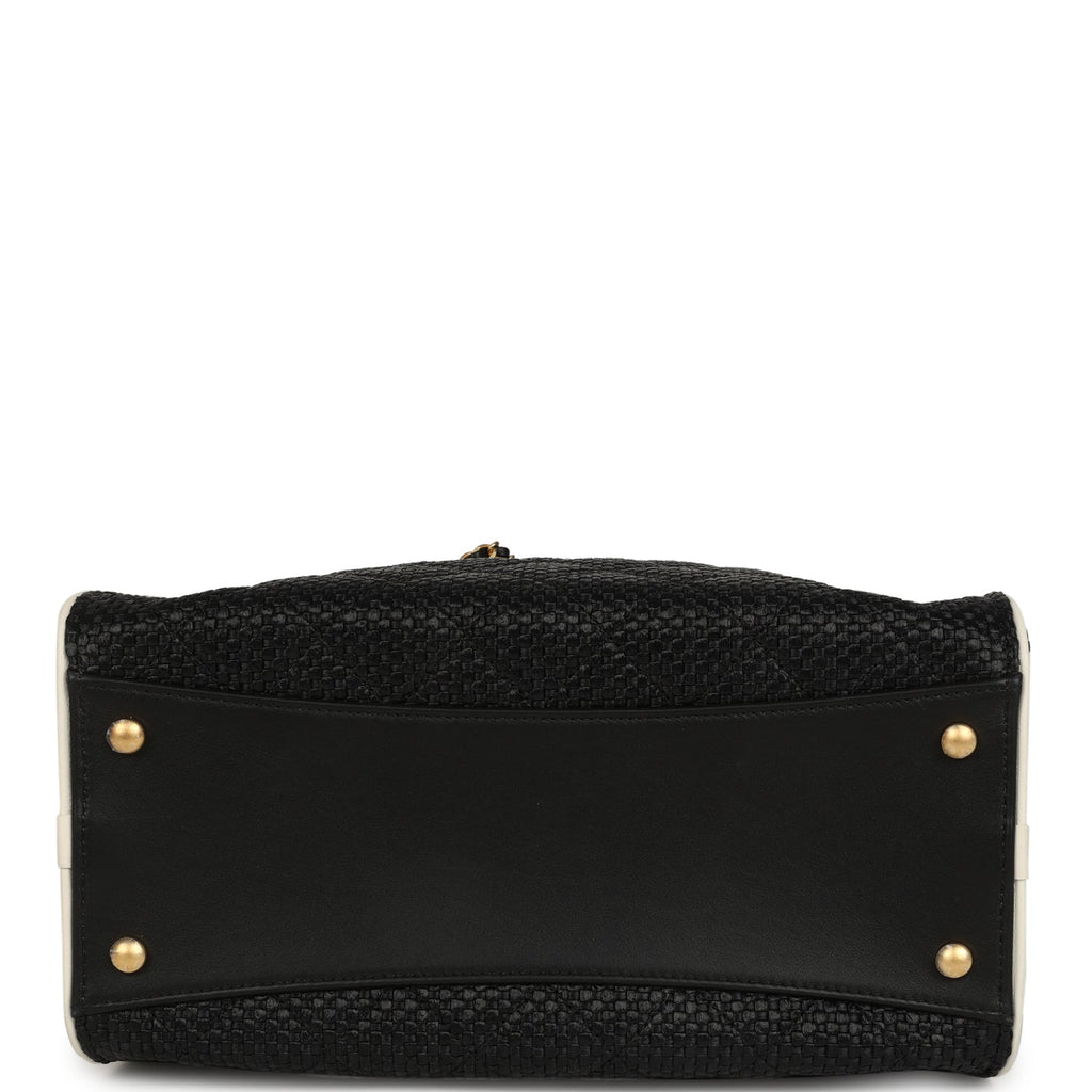 Chanel Small 25 Hobo Bag Black Raffia and White Calfskin Antique Gold Hardware