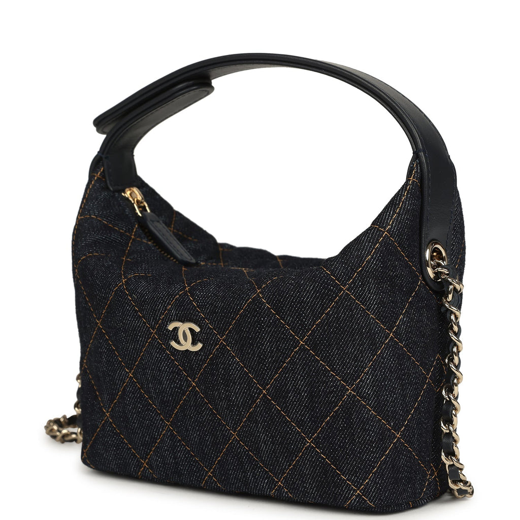Chanel Mini Hobo Pouch with Chain Dark Blue Denim and Leather Light Gold Hardware